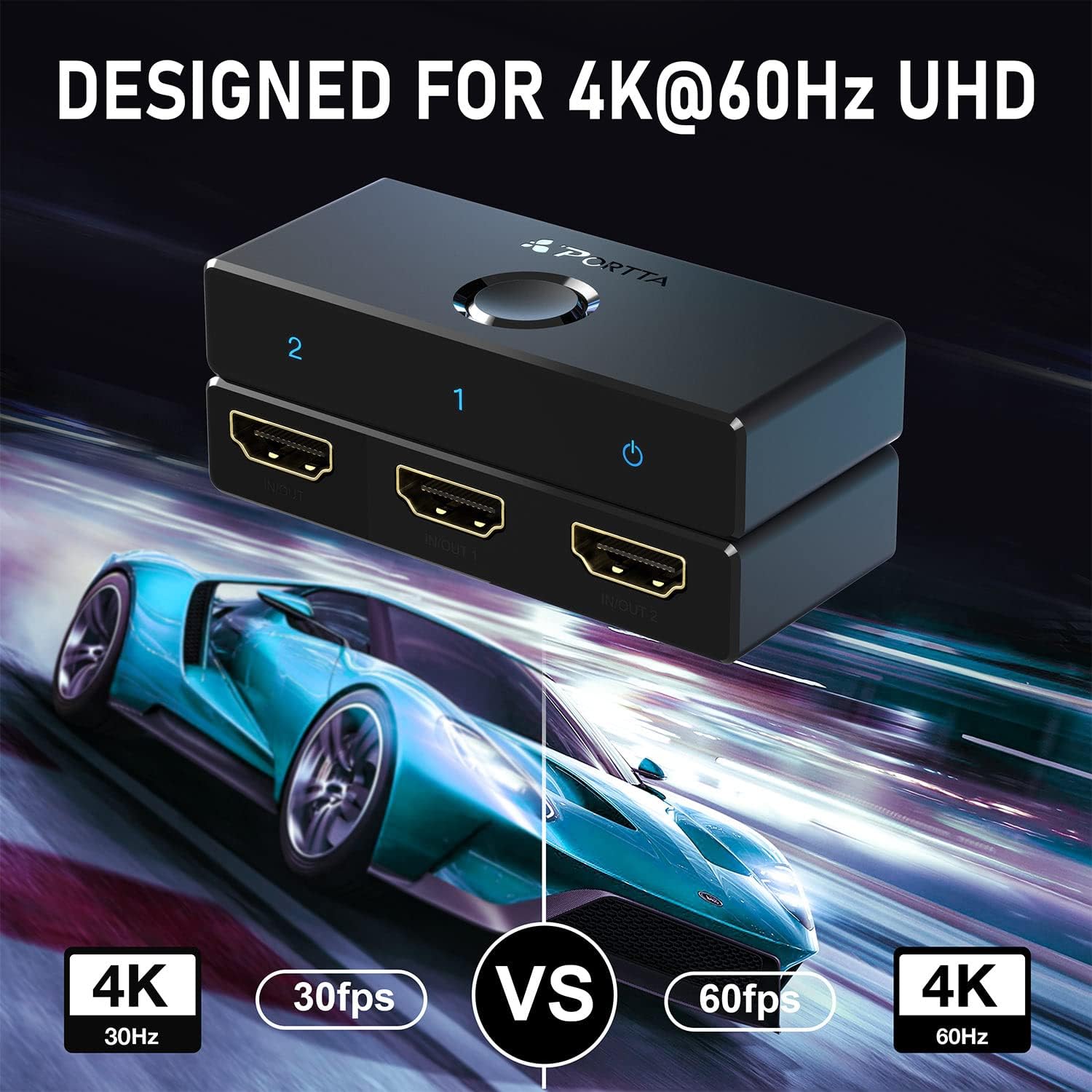 HDMI Switch 4K 60Hz, PORTTA Bi-Directional HDMI 2.0 Switcher 2 in 1 Out Splitter 1 in 2 Out hub HDR HDCP2.3 for Blu-ray Xbox PS4/5 Roku HDTV Monitor (Support 1 Display at a Time) : Electronics