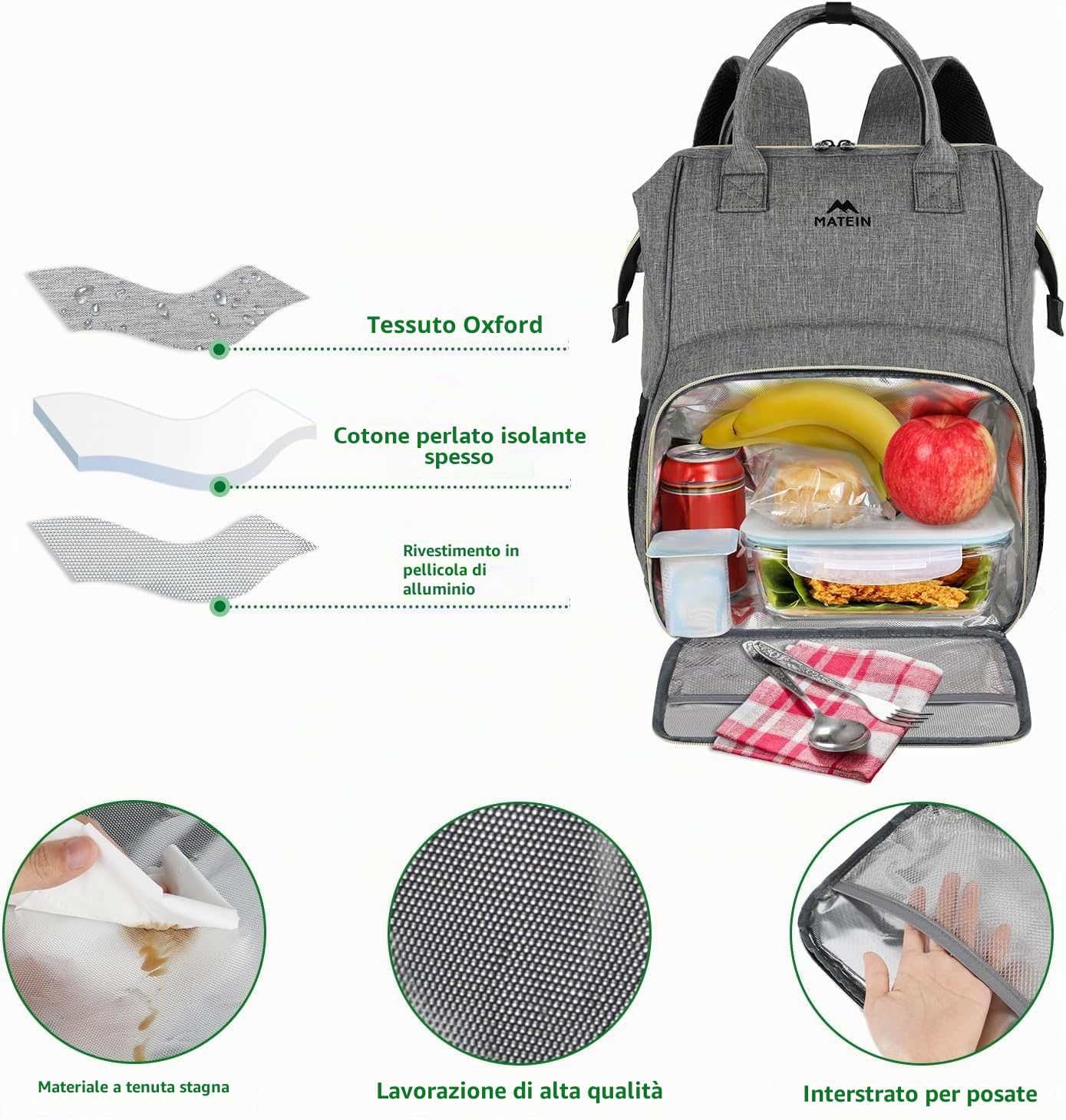 MATEIN Zaino Lavoro Donna con Porta Pranzo, Grande Zaino per PC 17 Pollici | Capiente Zaino Università Donna con Scomparto Termico, Tasca Antifurto, per Ufficio, Scuola, Viaggio, Trekking, Picnic, Nero