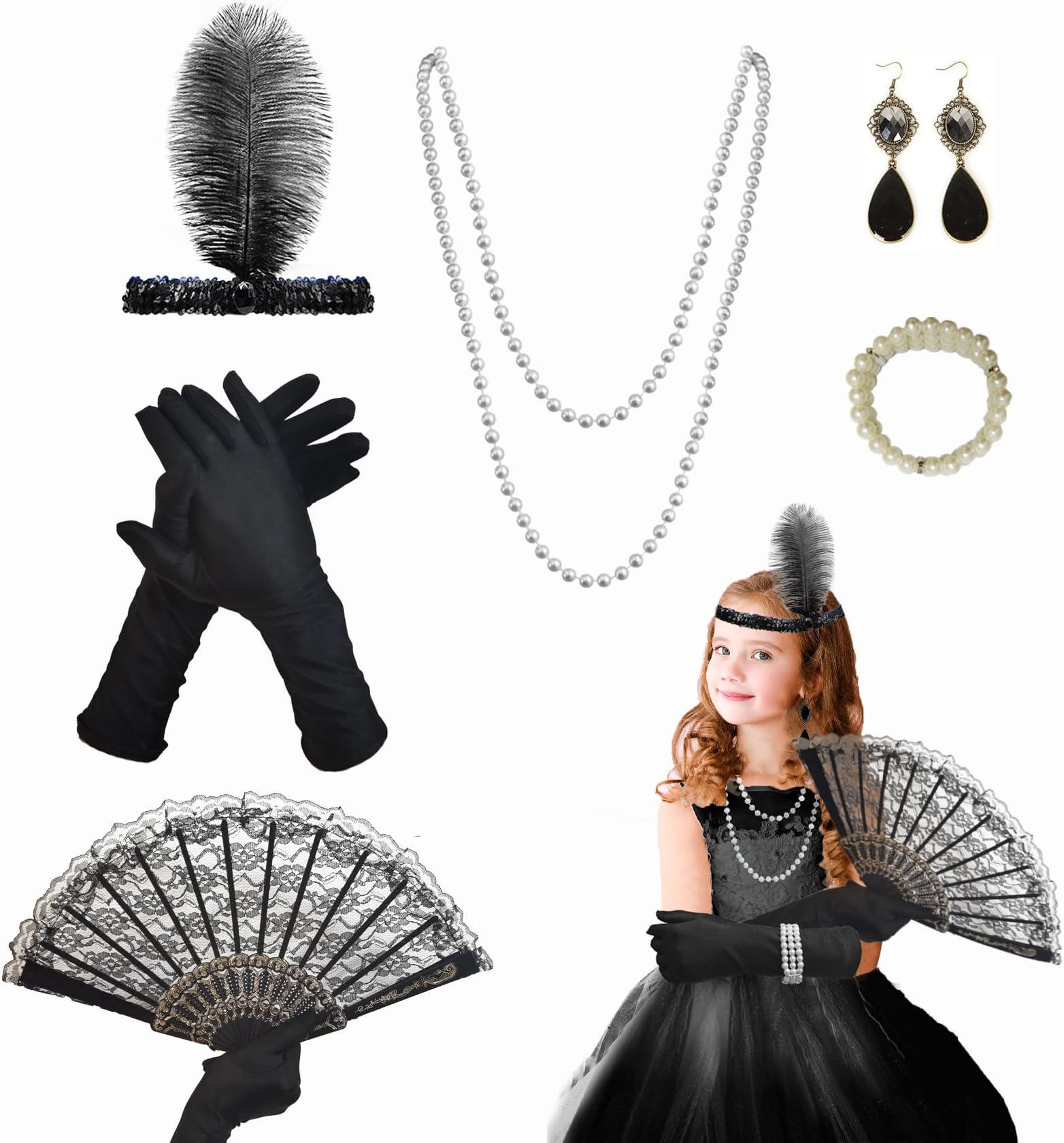 6 Pcs Girl's Fashion Flapper Dresses Costume Set Roaring 1920s Flapper Dresses Accessories Includes Feather Headband Gloves Fan and Pearl Decorations for Halloween Children Birthday Party Favor Gifts