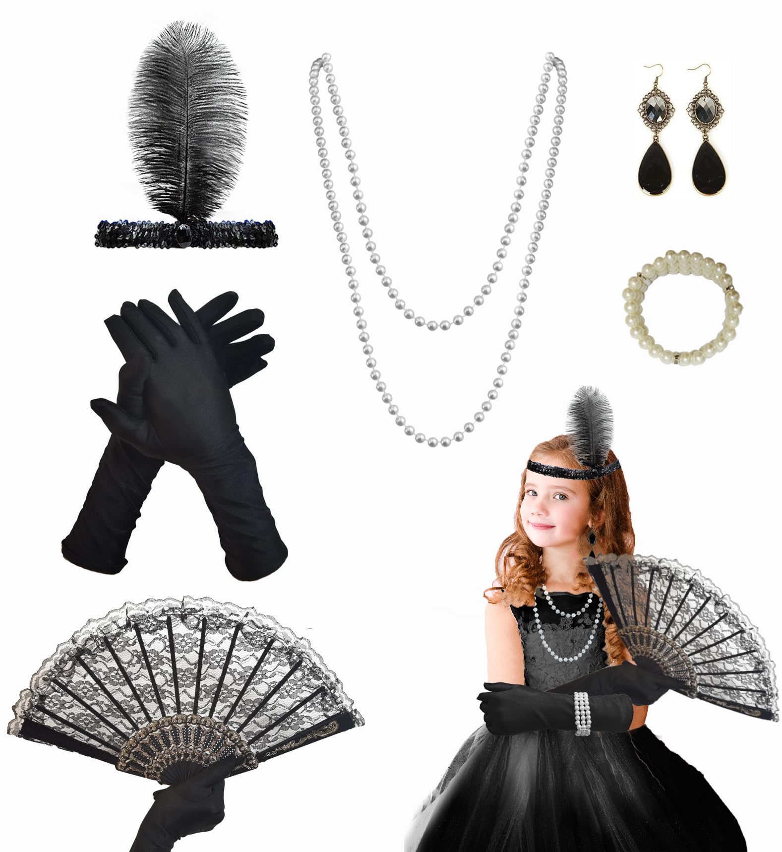 6 Pcs Girl's Fashion Flapper Dresses Costume Set Roaring 1920s Flapper Dresses Accessories Includes Feather Headband Gloves Fan and Pearl Decorations for Halloween Children Birthday Party Favor Gifts