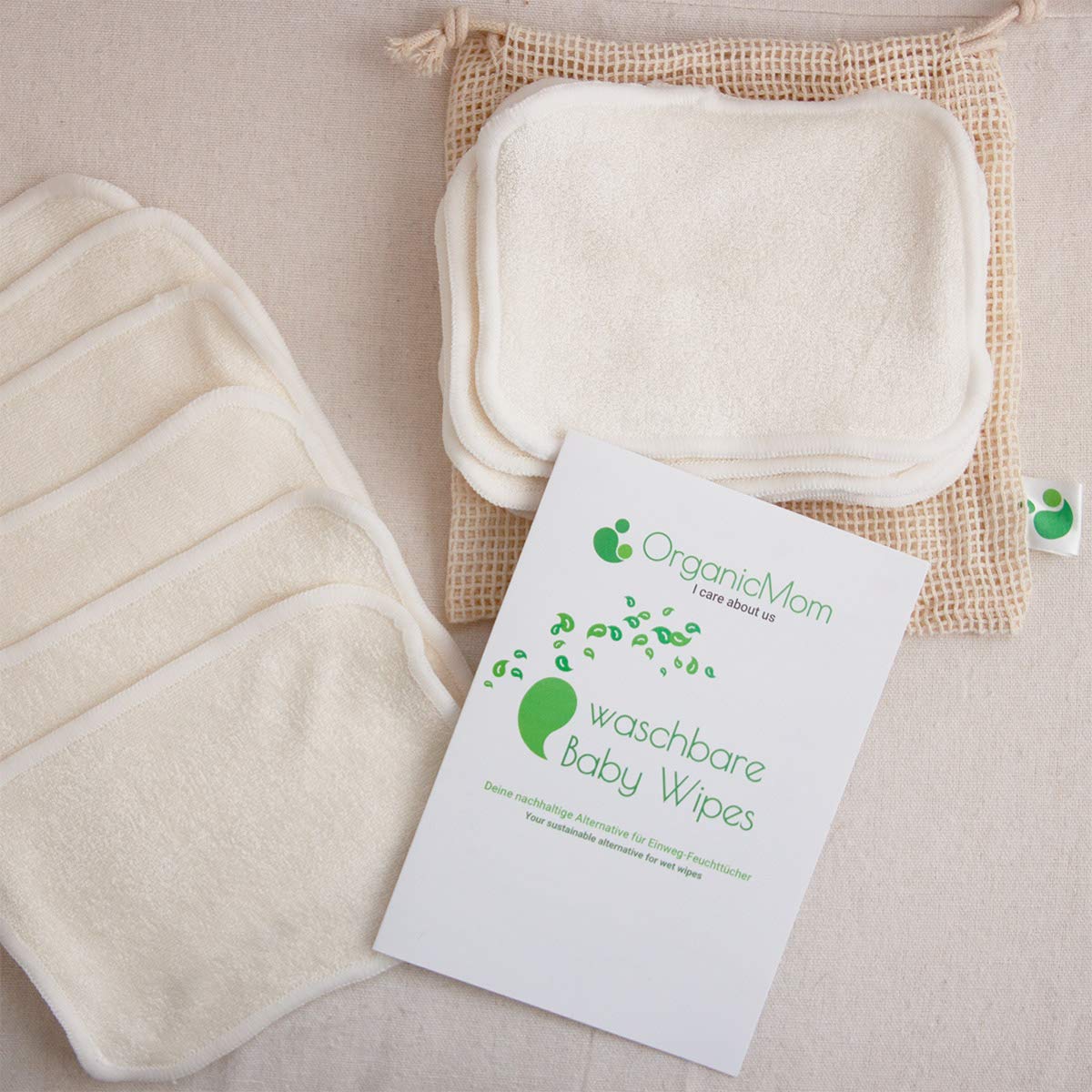 OrganicMom® - Paquete doble de 2 x 15 paños de bambú lavables para bebé, incluye red de lavandería, paños húmedos lavables sostenibles, repuesto para toallitas húmedas desechables para bebés, de bambú