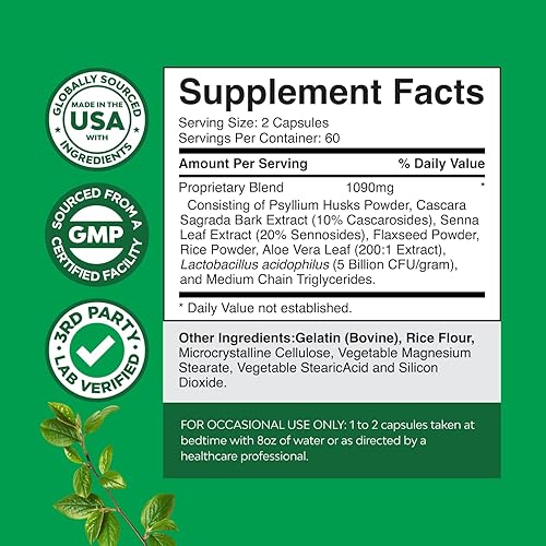 Miniatura 3 de Cápsulas laxantes herbales con probióticos - Laxante suave para mujeres y hombres con hoja de senna, cáscara de psyllium y cascara sagrada