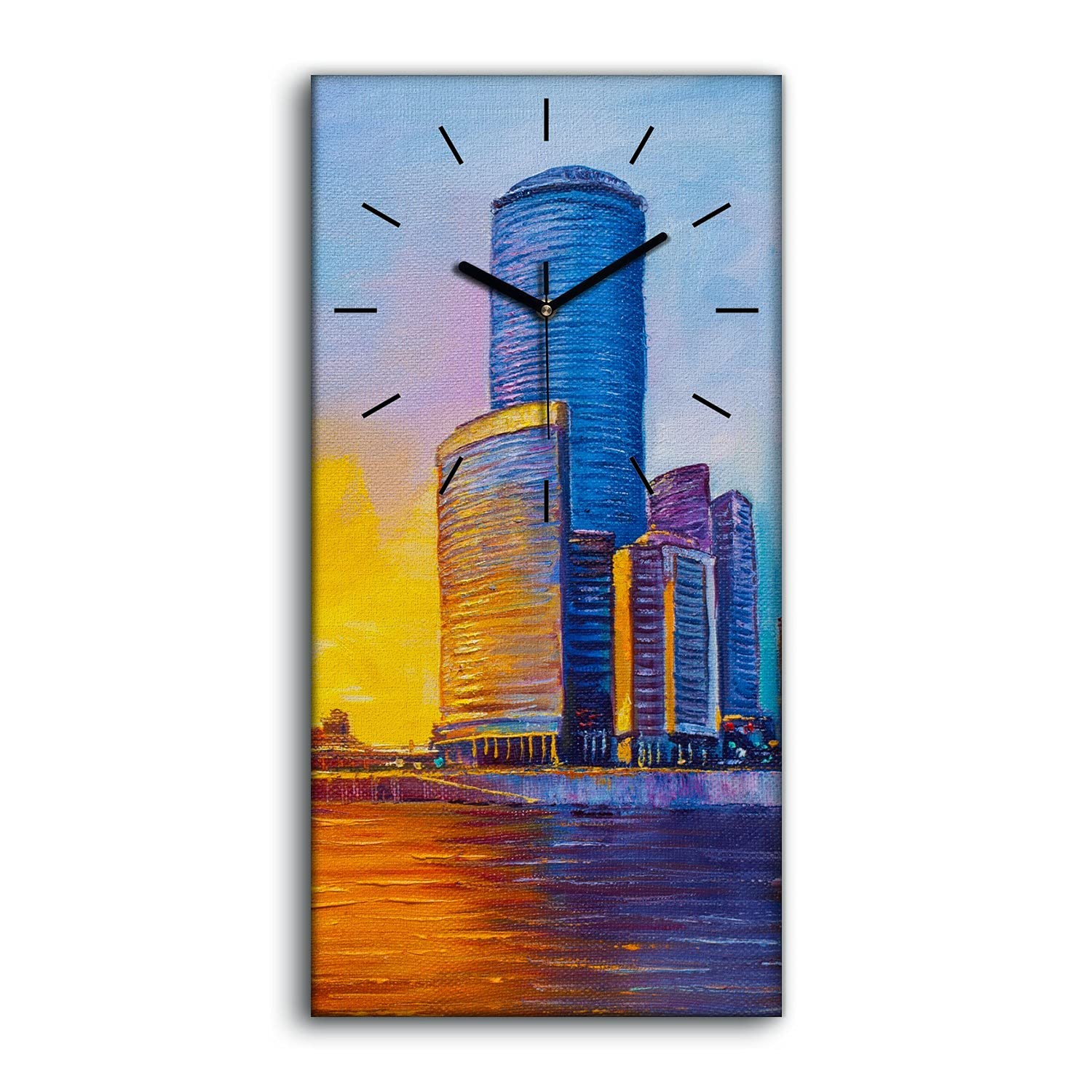 Horloge sur Toile Skyscrapers City Sunset 30x60cm avec Aiguilles Noires pour Salon