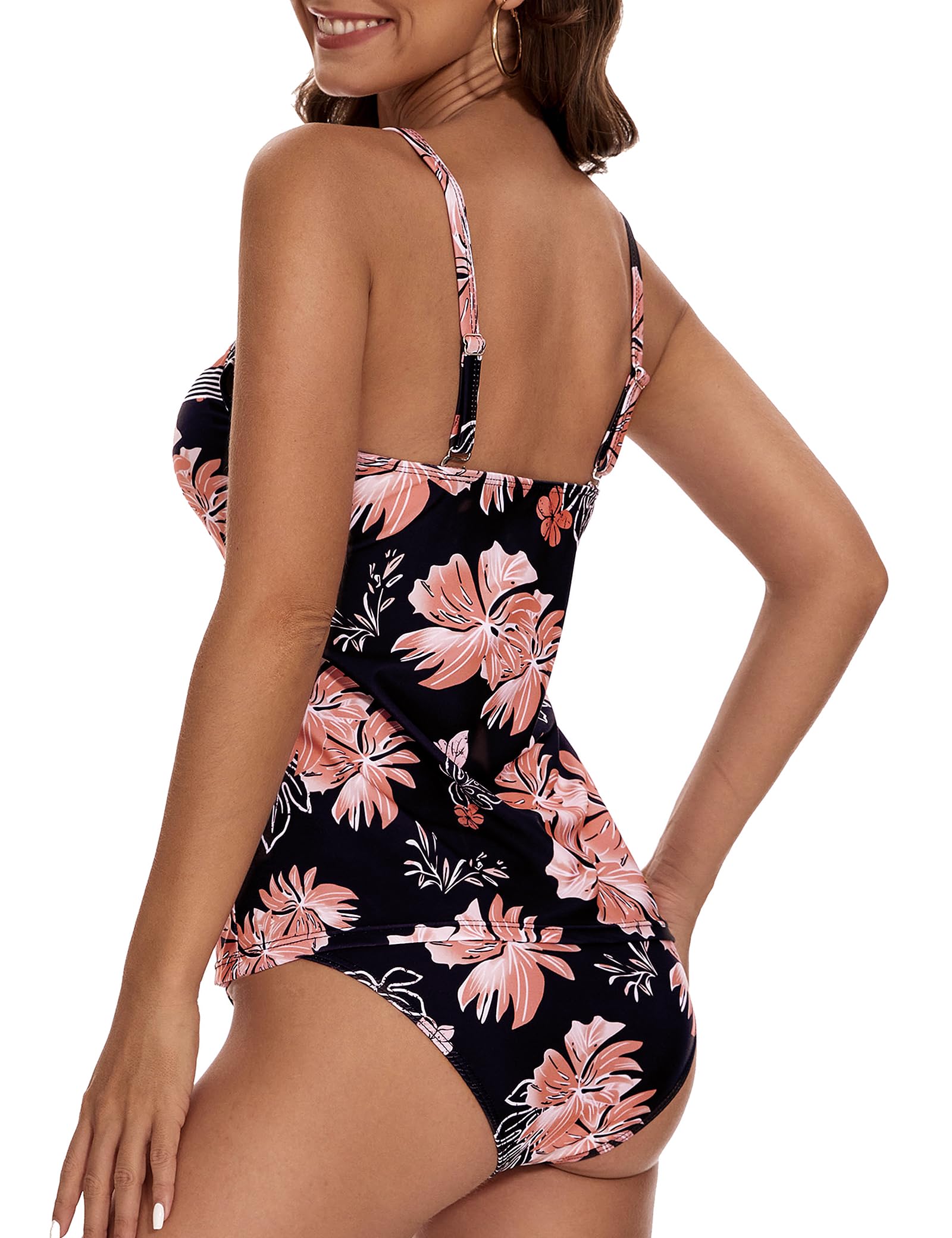 Aottori Maillot de Bain Femme 2 Pièce Tankini Imprimé Rembourré Maillot avec Short Maillots de Bain Push Up Bikini Rayures Rembourré Beachwear
