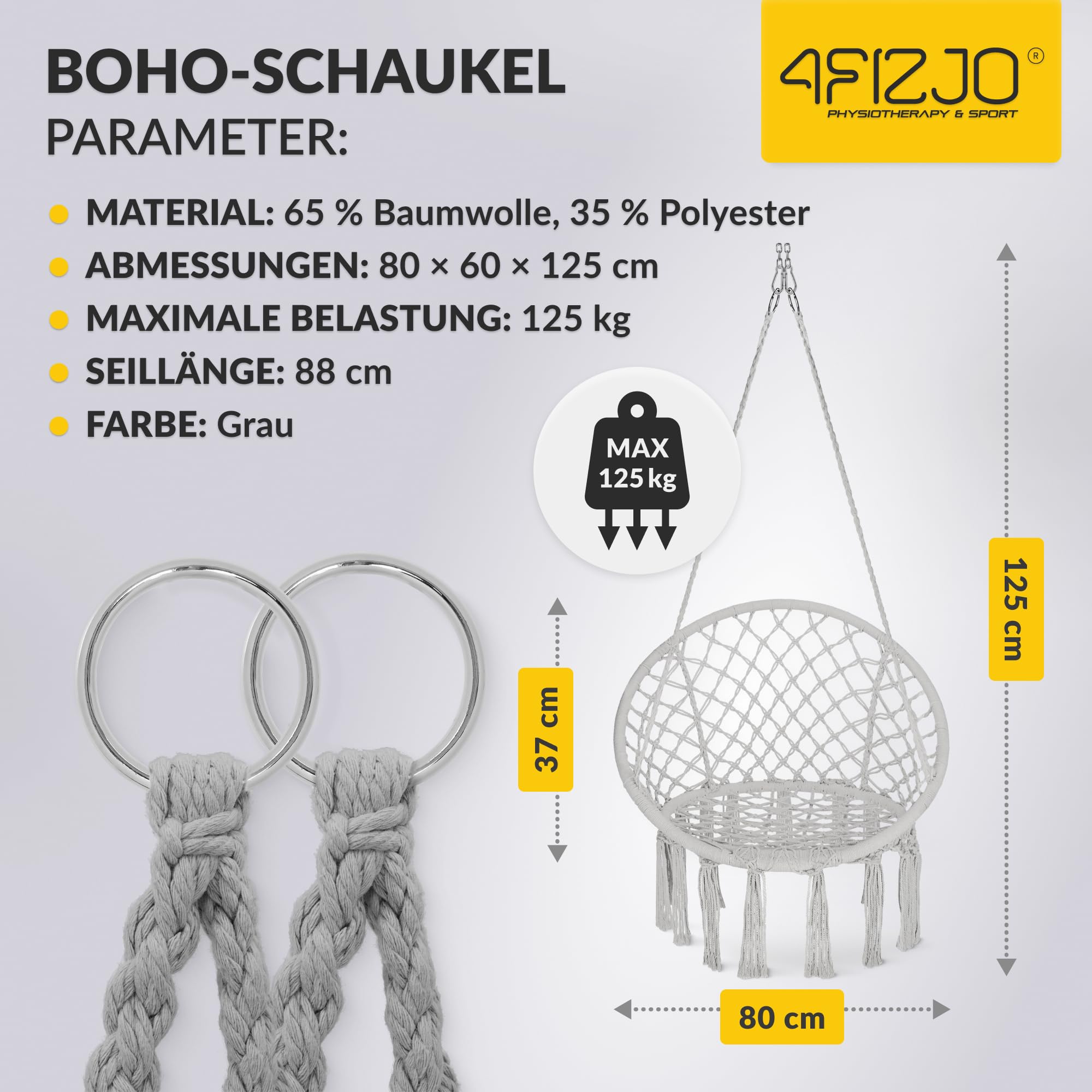 4FIZJO Hängesessel Boho, Makramee hängesessel, Garten schaukel, Hängekorb, Schaukelkorb, Therapieschaukel Kinder, Hängesessel Indoor & Outdoor, Hängesitz Patio-Rasen, Maximale Belastung 125 kg, Grau