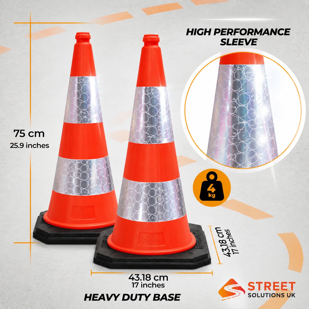 Street Solutions UK - 750 mm / 29 cali wysoki czarny ruch bezpieczeństwo ruchu uliczny stożek odblaskowy rękaw odpowiedni dla biznesów, szkół, uniwersytetów o dużych obciążeniach bazy duże czarne stożki bezpieczeństwa