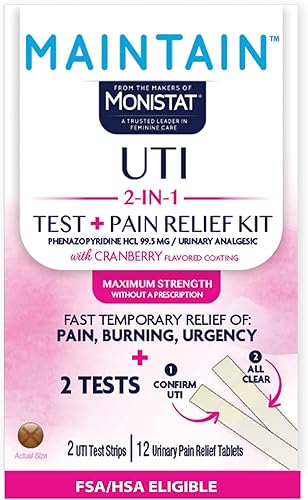 Monistat Maintain UTI 2-in-1 Test & Pain Relief Kit, 2 Test Strips & 12 Urinary Pain Relief Tablets, 2 Minute Results and Maximum Strength Pain,