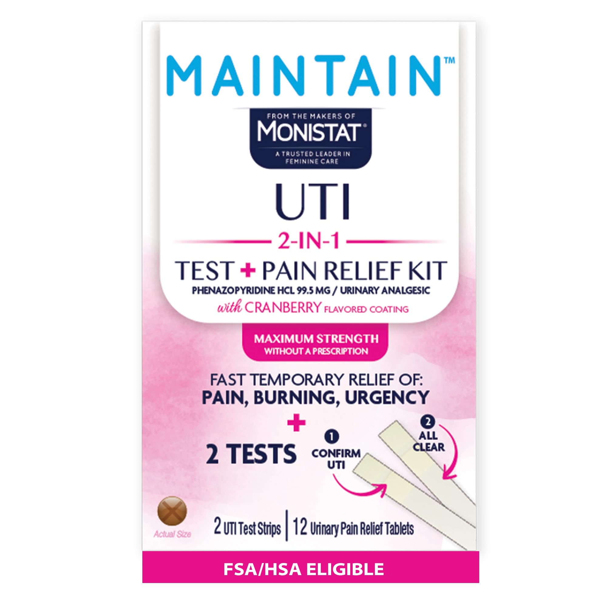 Monistat Maintain UTI 2-in-1 Test & Pain Relief Kit, 2 Test Strips & 12 Urinary Pain Relief Tablets, 2 Minute Results and Maximum Strength Pain,