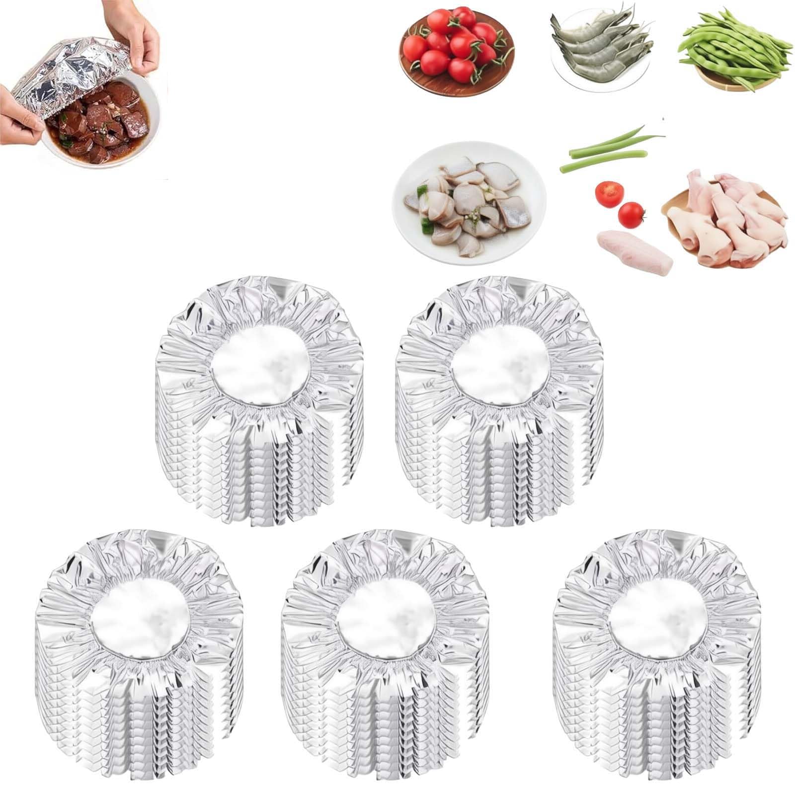 30Pack Aluminum Foil Insulation Covers for Meals Prep, Elastic Food Covers for Fruits Vegetables Leftovers Refrigerator Storage, Aluminum Foil Elastic Food Cover for Kitchen Parties. (50PCS)