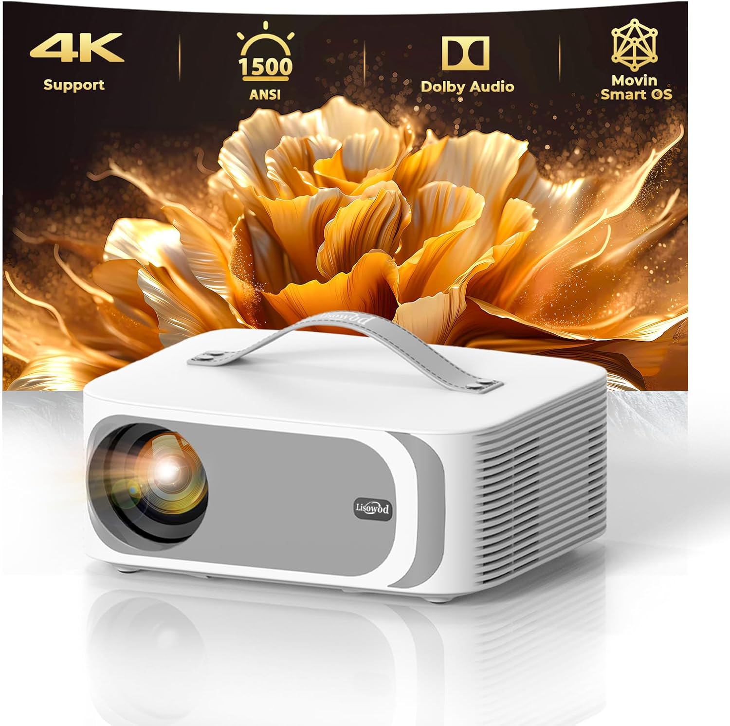 [AI Movin 2.0 System/1500 ANSI/Auto Focus] Outdoor-Projector with WiFi and Bluetooth, Portable-Projector 30W DoIby Audio APPS Built-in, Lisowod 4K Support Smart Proyector with HDR10+ 2025 Upgraded
