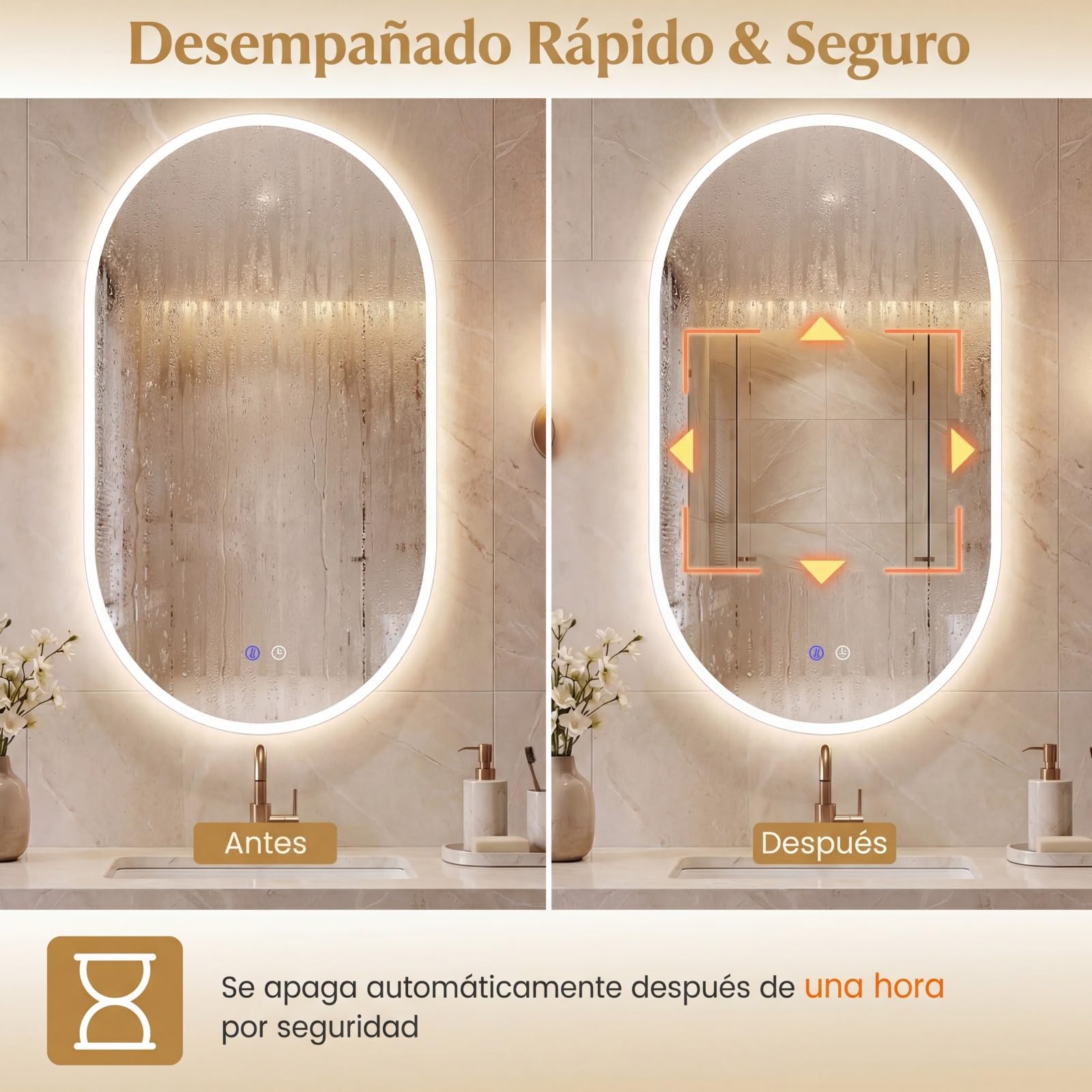 COSTWAY Espejo de Baño Iluminado con LED, Espejo Ovalado sin Marco con Luz, Vidrio Templado HD Antiimpacto Seguro, Función Antivaho, Interruptor Táctil y Temperatura de Color Regulable (90 x 55 cm)