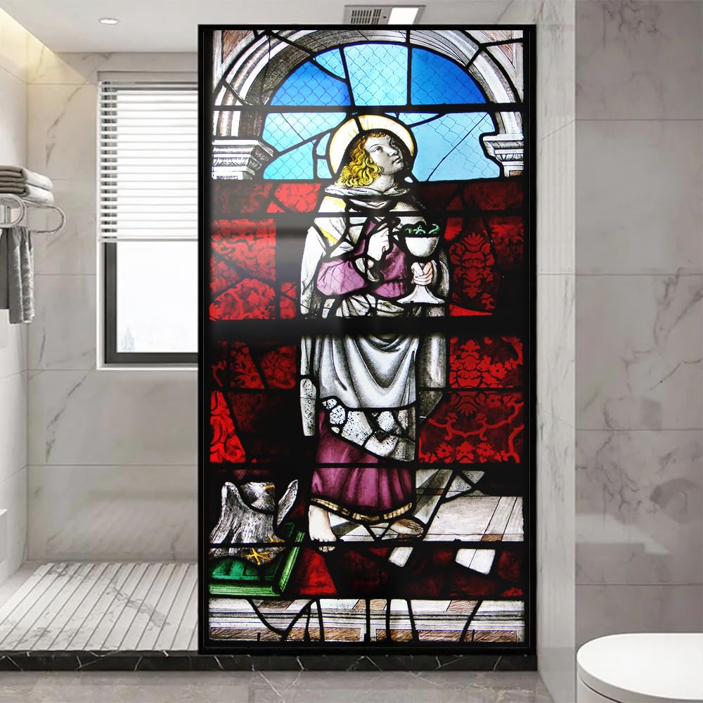 Church Style Stained Glass Window Film Decorative Privacy Non Adhesive Window Stickers for Home Office J23 90x200cm(35.4
