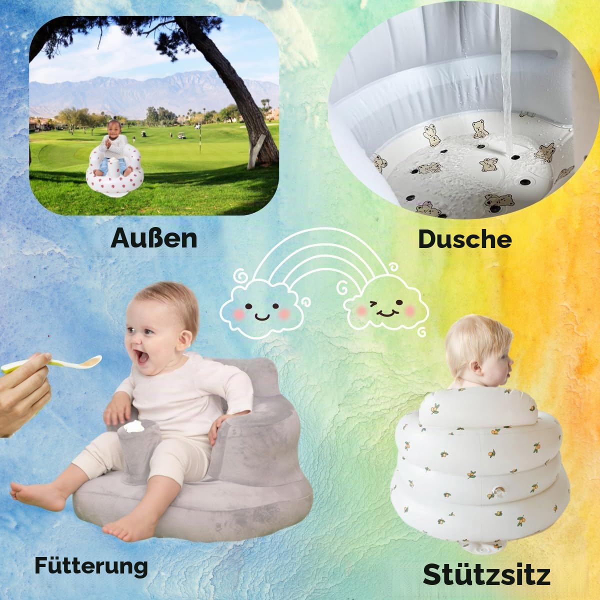 Aufblasbarer Baby-Sitz für Babys ab 4-24 Monaten,Baby-Rückenstützsofa,Boden-Sitzunterstützung zum Sitzen lernen (Tulpe+Sofabezug)