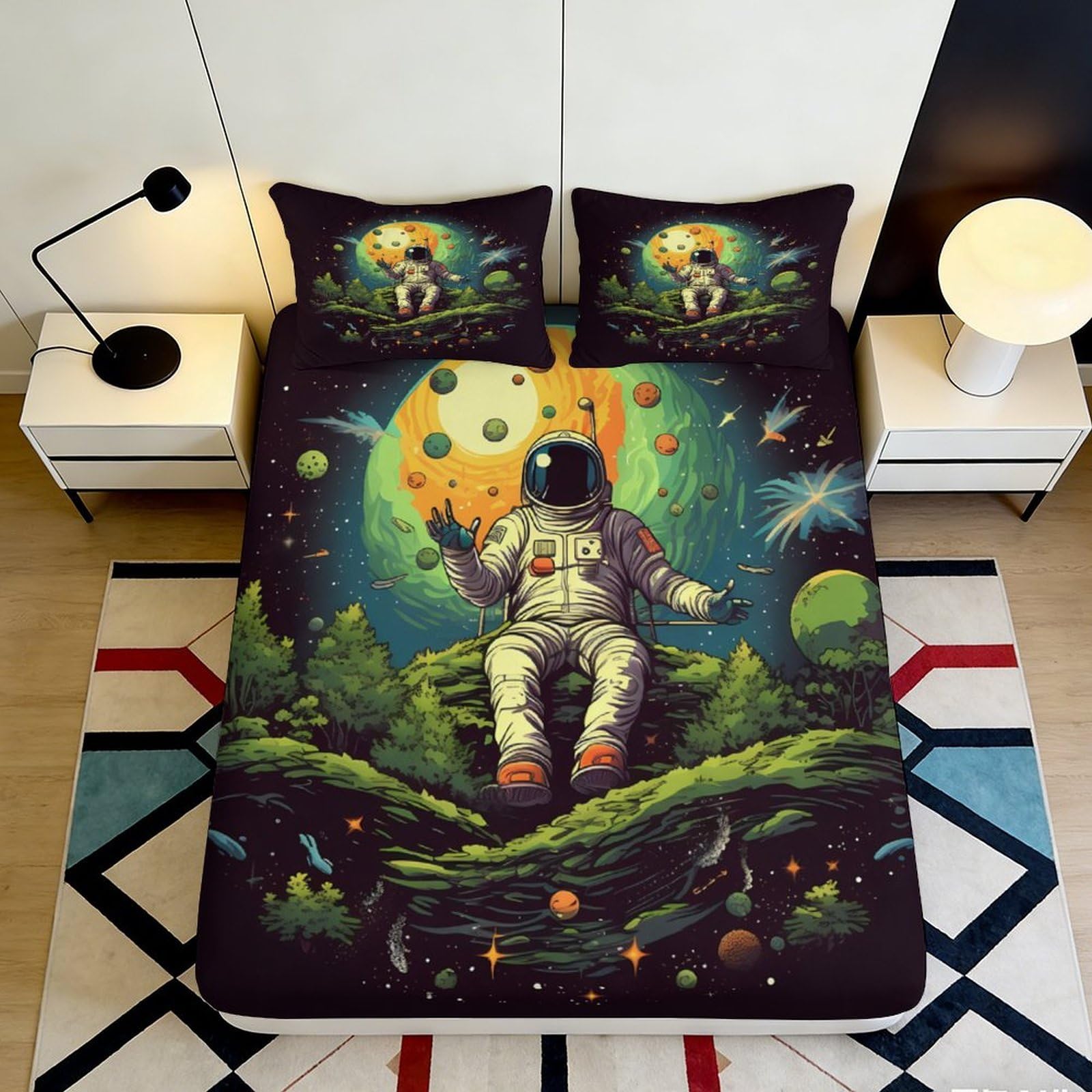 3D Printed Astronaut Planet Fitted Sheet Microfiber Soft Breathable Galaxy Forest Mattress Cover for Bedroom Dorm 90x200x25cm