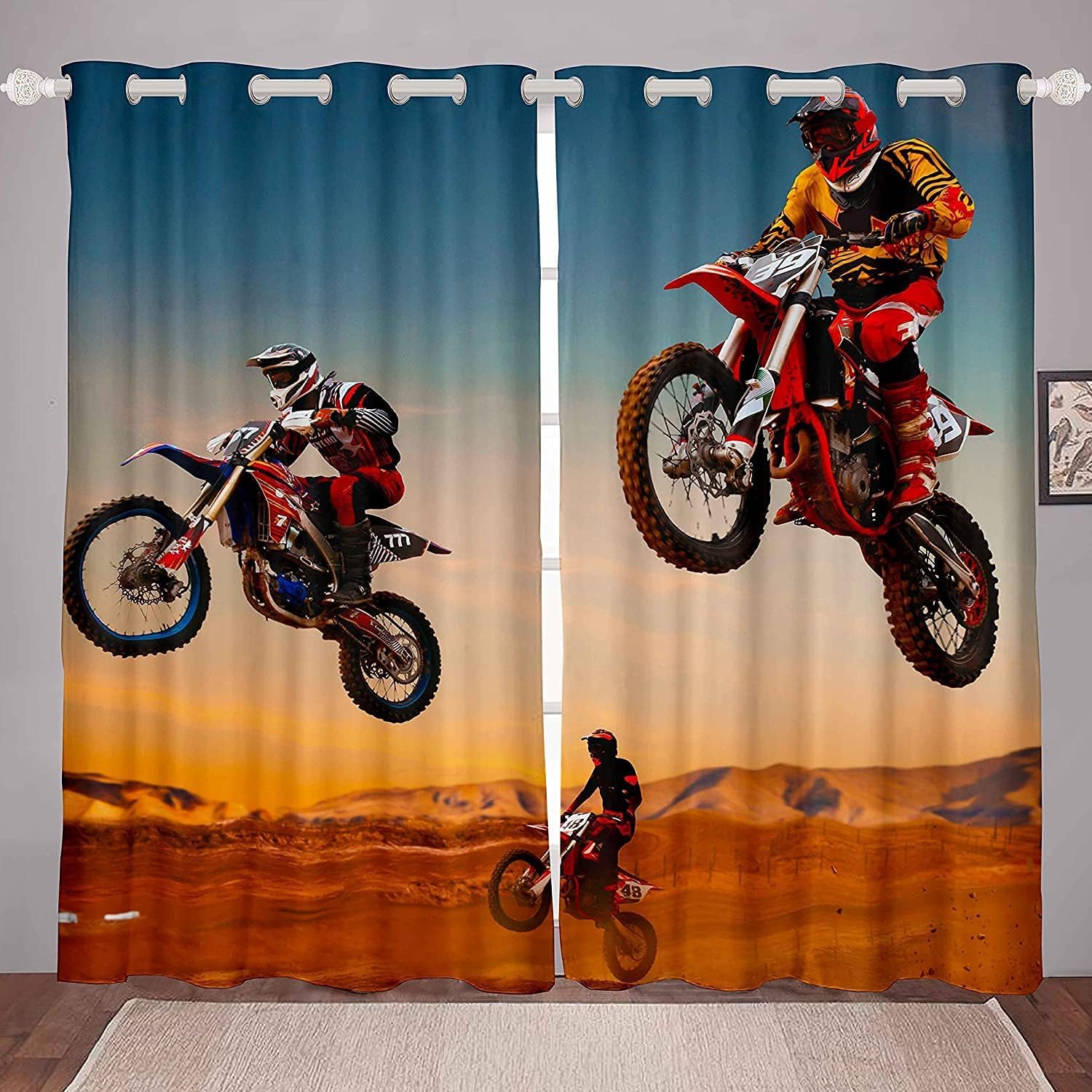 Loussiesd Jungen Motocross Fahrer Vorhänge Für Kinder Extremsport Thema Blickdichte Vorhang Motorradmuster Fenstervorhang 137x117cm Cool Dirt Bike Raumdekoration Gardinen