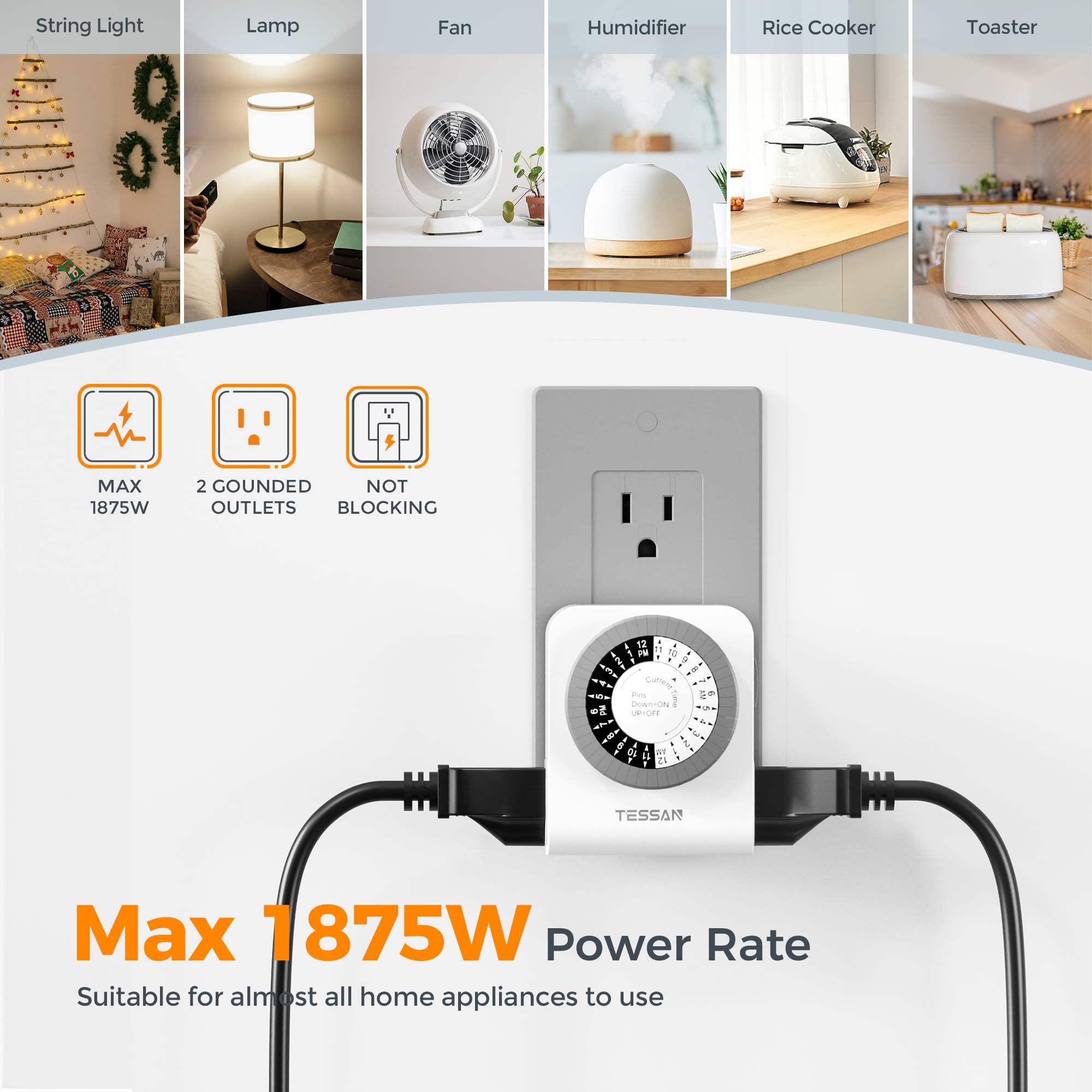 Snapklik.com : TESSAN Outlet Timer, Mechanical 24-Hour Light Timers For ...