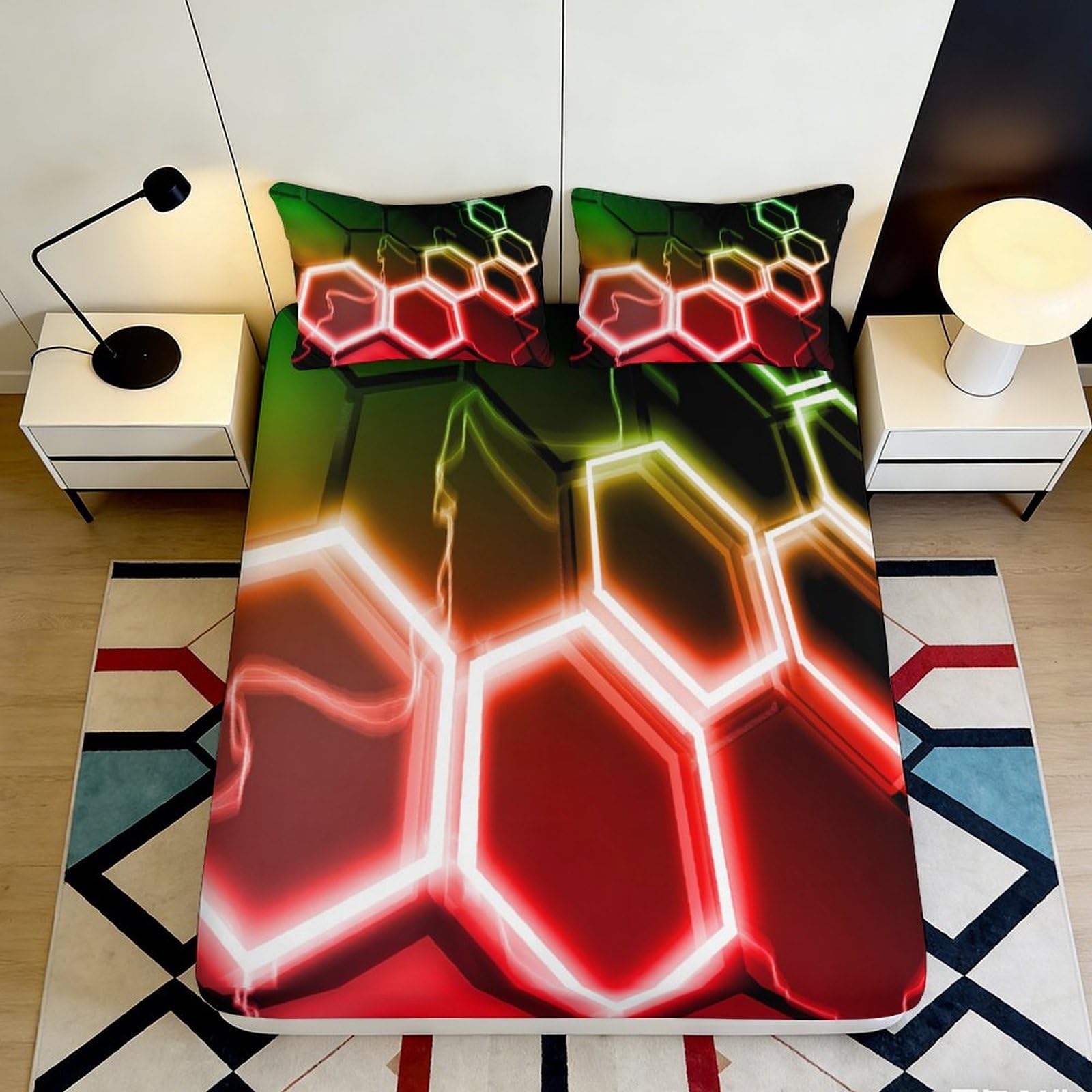 3D Printed Neon Hexagon Fitted Sheet Microfiber Soft Breathable Modern Geometry Mattress Cover for Bedroom Dormitory Guest Room Mattress Protection 140x200x25cm