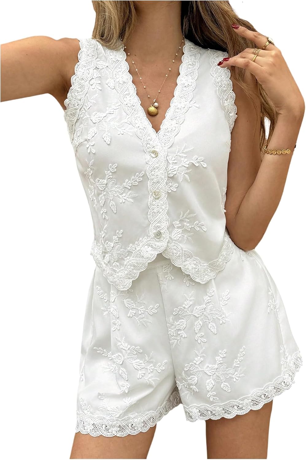 SOLY HUX Women's Boho Clothing Floral Embroidery Sleeveless Vest and Shorts Summer 2 Piece Outfits