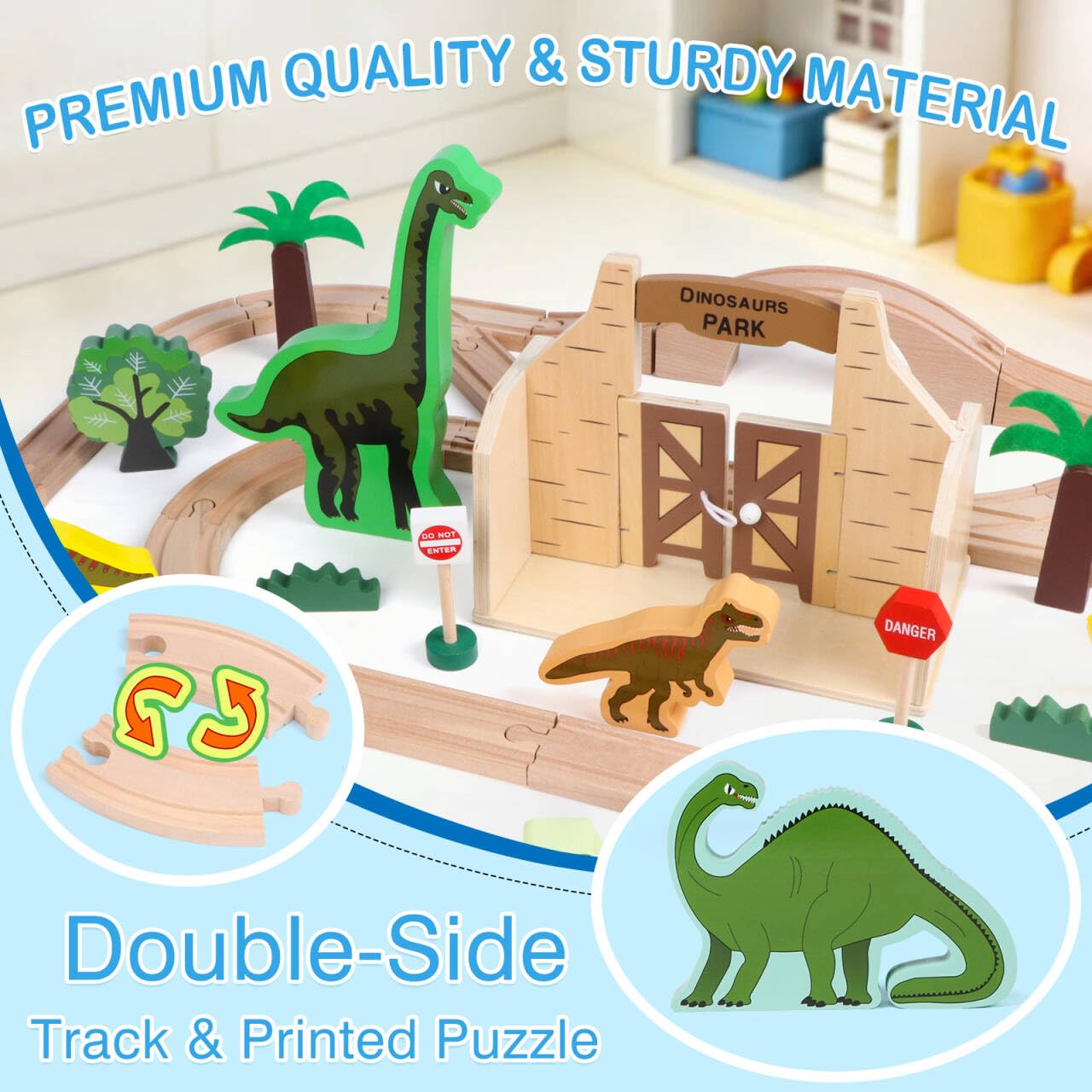 Jacootoys Dinosaurier-Spielzeug für Kinder von 3 bis 5 Jahren, Holzeisenbahnset, kompatibel mit den gängigen Marken, ideales Holzeisenbahnset für 3-, 4-, 5-, 6-, 7- und 8-jährige Kinder