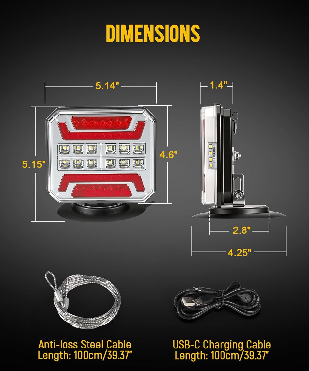 Partsam Wireless Trailer Light Kit 328FT Magnetic LED Square Portable Stop Turn Tail Lamp w/Strobe Function 7-Pin Plug Rechargeable 12-24V for Towing Trailers Trucks RVs Tractors