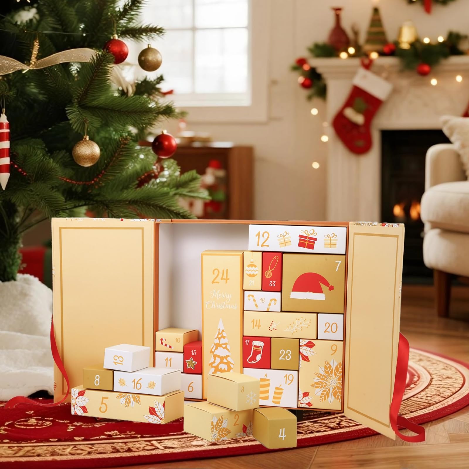 GWHOLE Calendrier de l'Avent de Noël 2025, compte à rebours de 24 jours, boîte cadeau rechargeable pour emballage cadeau, décoration de Noël (jaune)