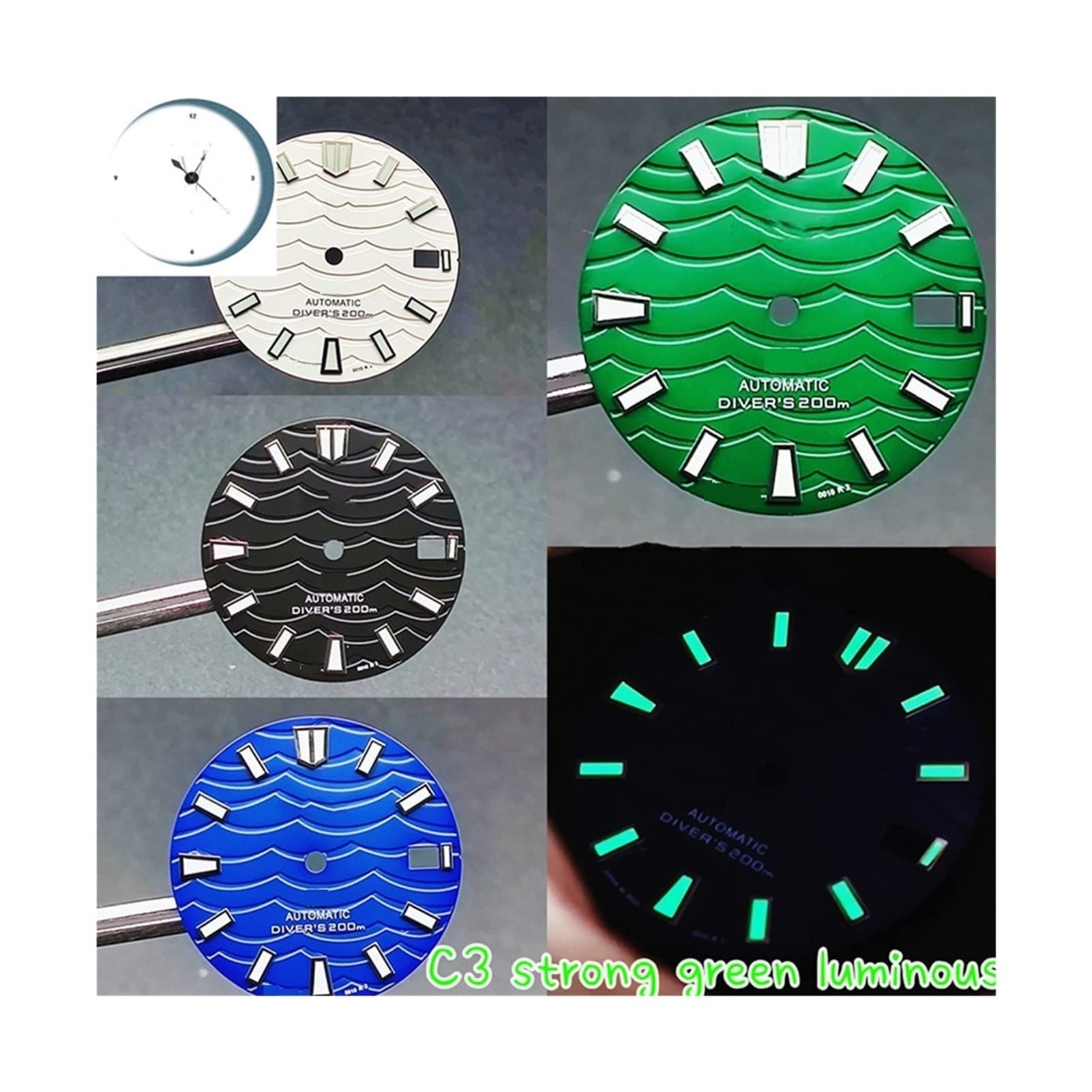 Esfera de Reloj Luminosa Verde Fuerte C3 de 28,5 MM, Esfera con patrón de Ondas Mate, Compatible con NH35/NH36, Kit de modificación de Movimiento de Ocio Esferas (Color : Schwarz)