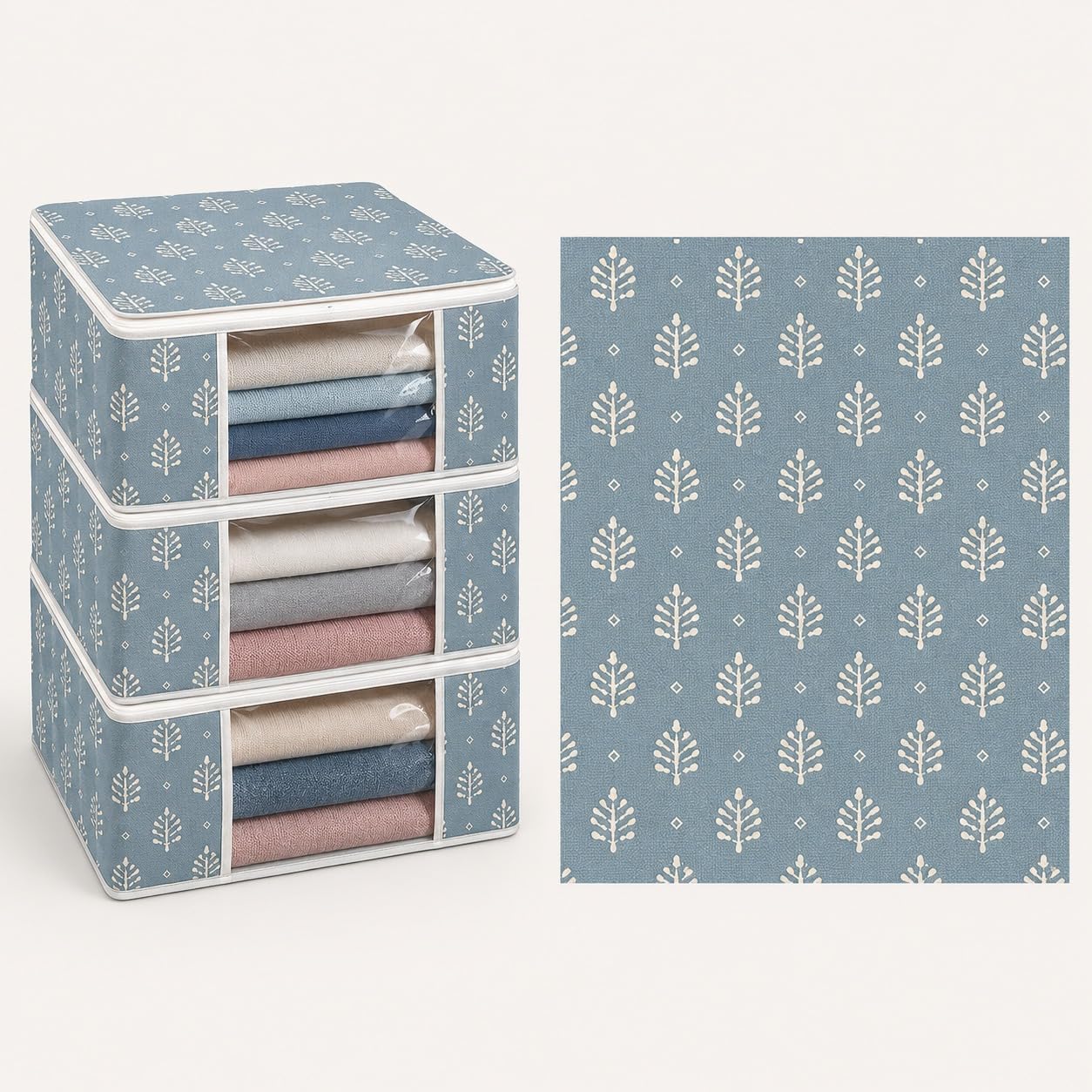 VERVENIX Saree Cover Set of 6, Light Blue Leaf Pattern Garment Storage Bags with Zipper & Transparent Window, Dustproof Clothes Cover for Sarees, Suits, Dresses, Coats & Shirts