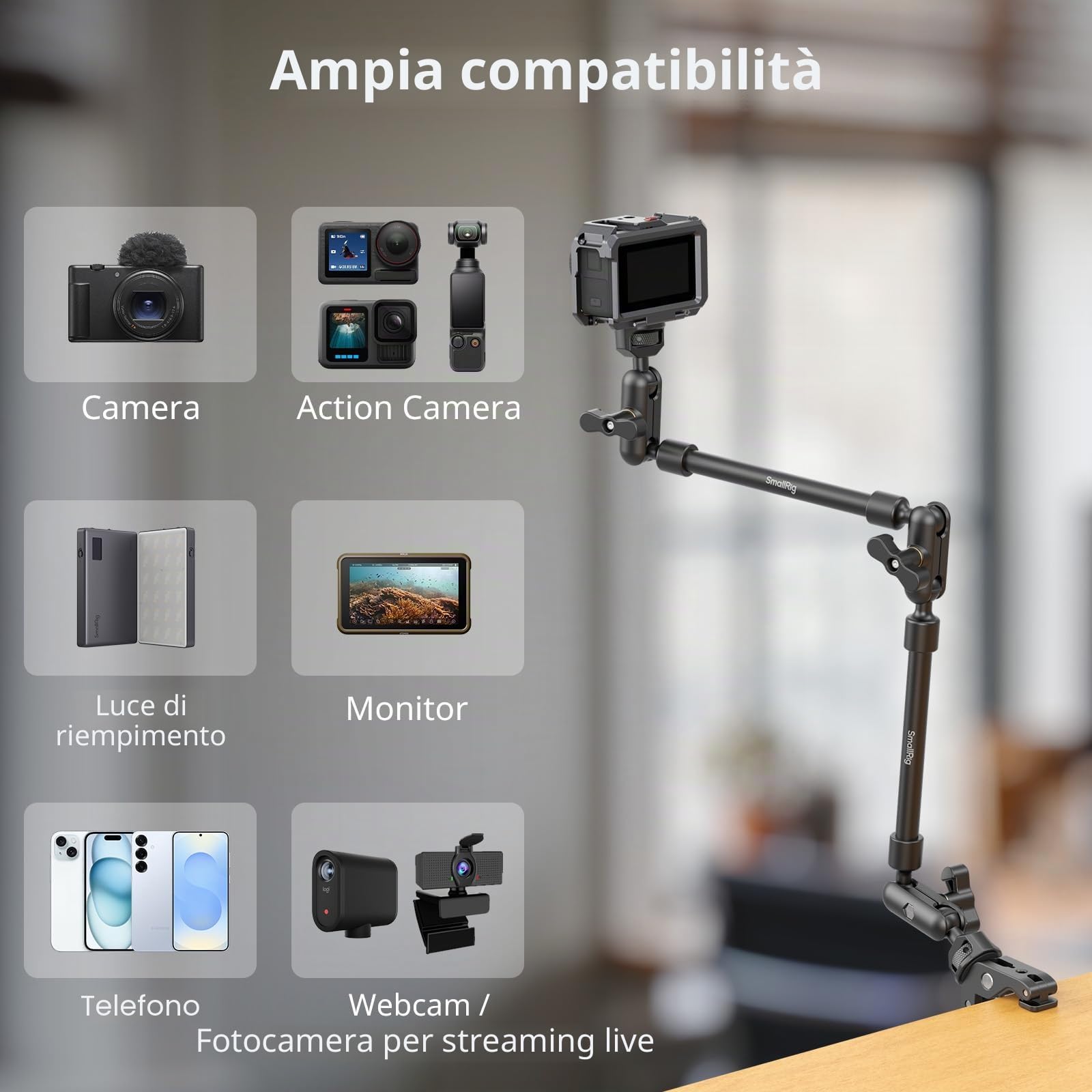 SMALLRIG Braccio Magico da 22" con Kit Morsetto a Granchio, Supporto e Morsetto per Fotocamera da Tavolo Flessibile, Braccio Articolato, per Luce, Webcam, Microfono, Action Camera - 4766