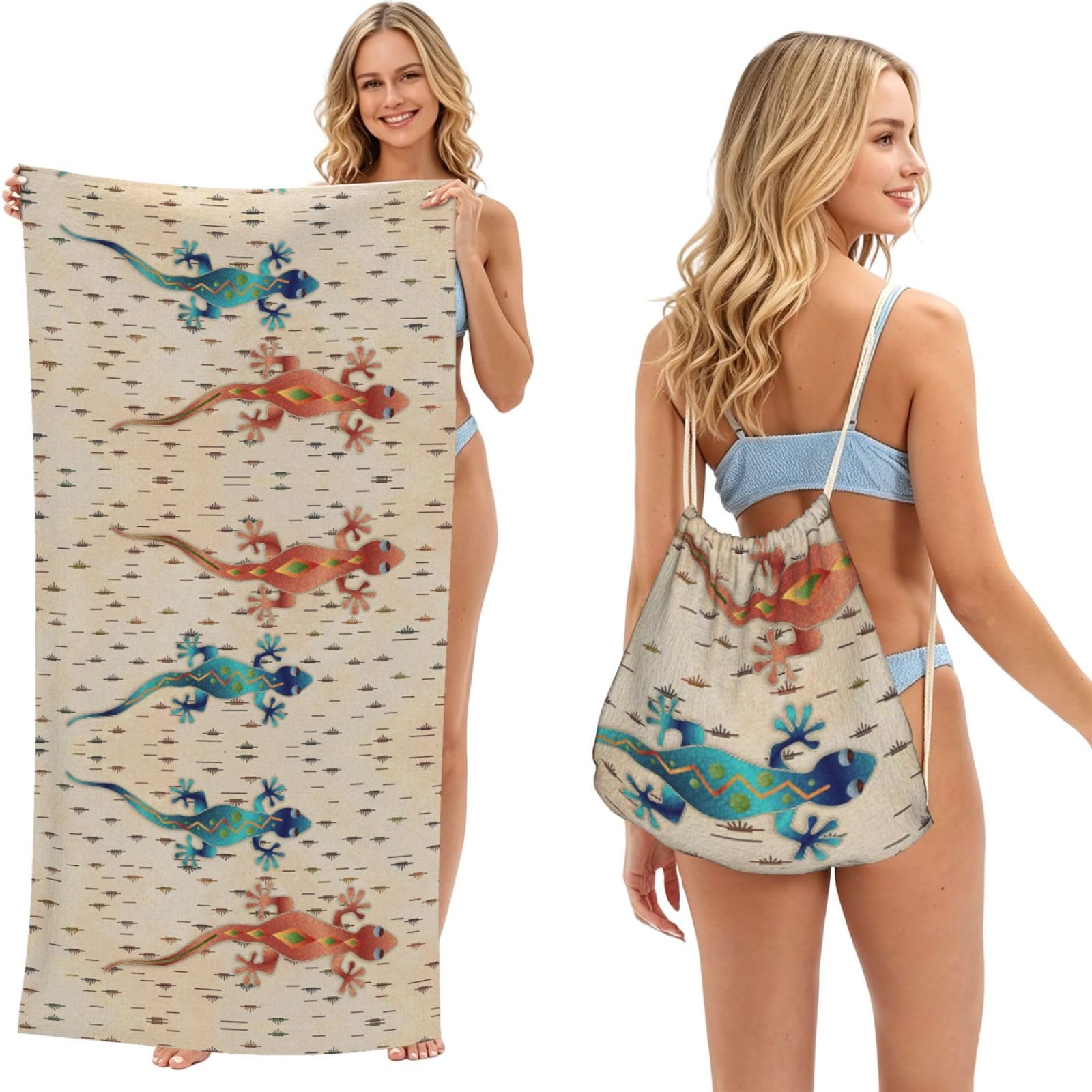 SATUSA Geckos Print 2-In-1 Foldable Beach Towel Backpack â€“ Camping, Yoga And Travel,Bath Towel With Built-In Storage, Convertible Beach Mat & Carry Bag