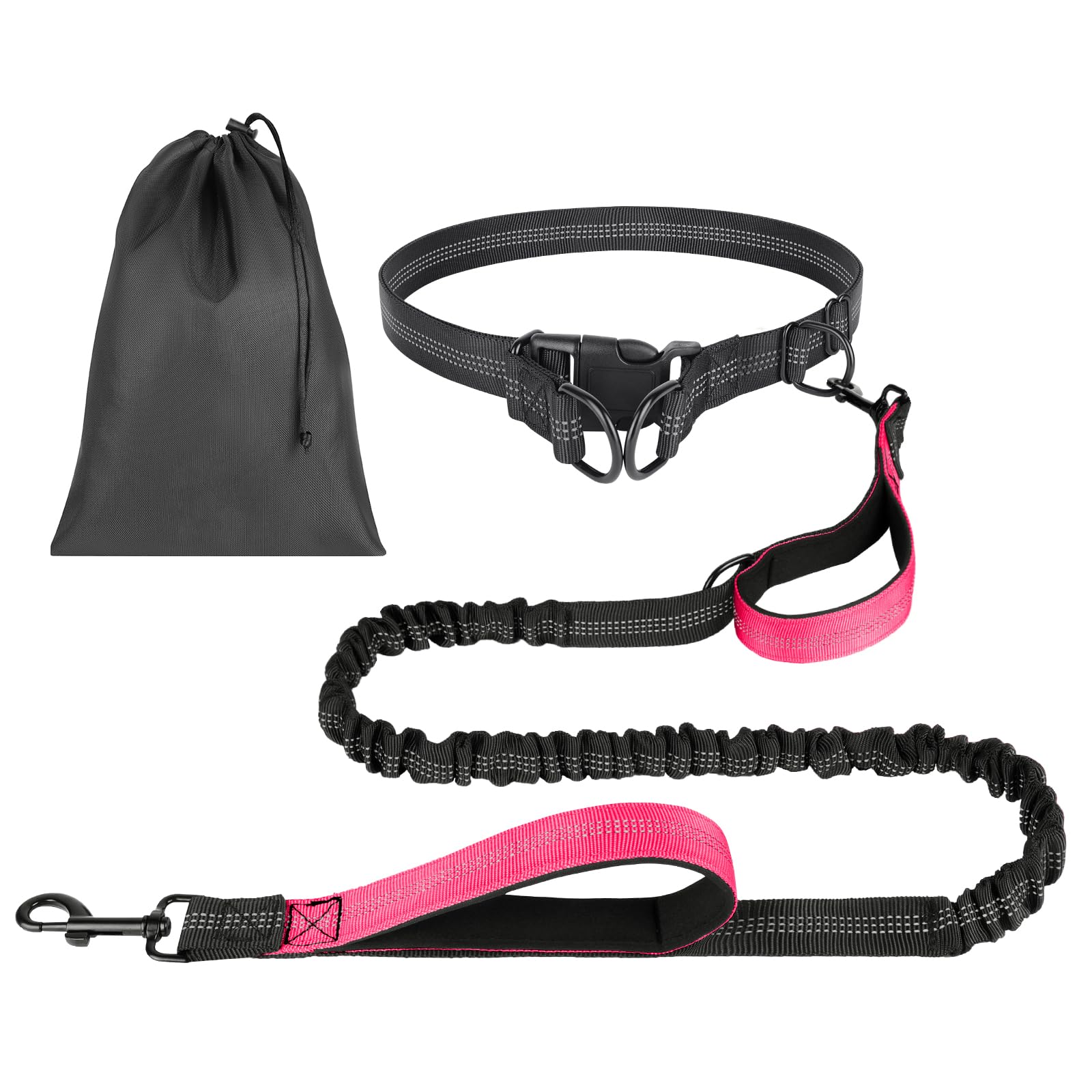 OFFCUP Hands Free Dog Lead with Pouch, Dog Running Lead with Adjustable Waist Belt and Dual-Handle for Walking Hiking Training Jogging, Waist Leash with Reflective Stitches (Pink)