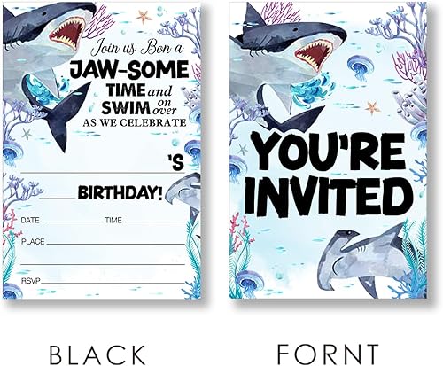 Miniatura 3 de EUDOSI Juego de 20 invitaciones para fiesta de cumpleaños de tiburón, con sobres, tarjetas de invitaciones de fiesta de tiburón, doble cara