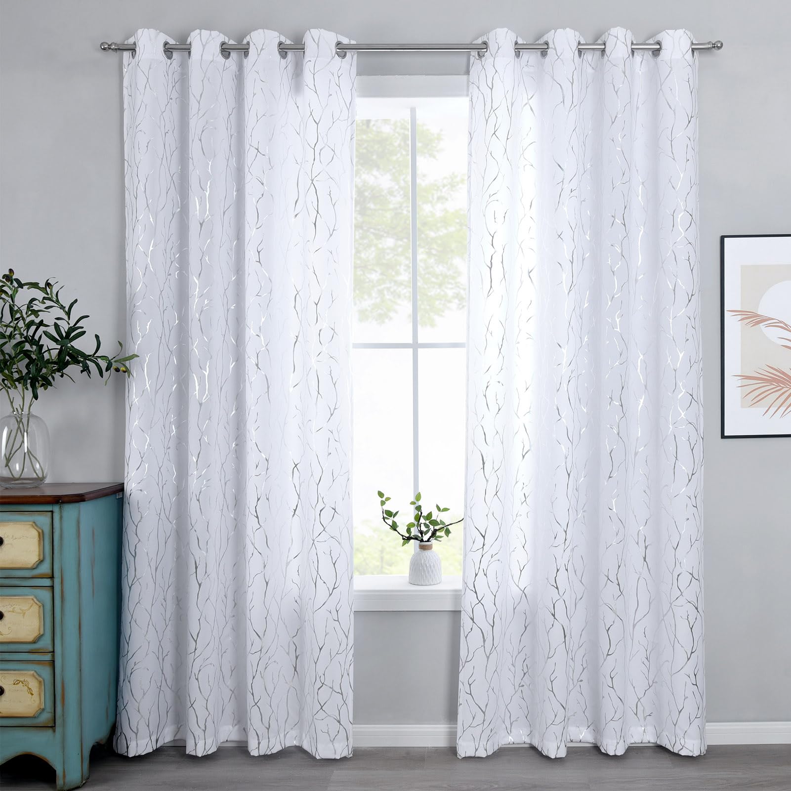 Kotile Silver Tree Branch Curtains 63 Inch Length, Metallic Shimmer White Curtains for Bedroom Grommet Top Privacy Semi-Sheer - Image 2