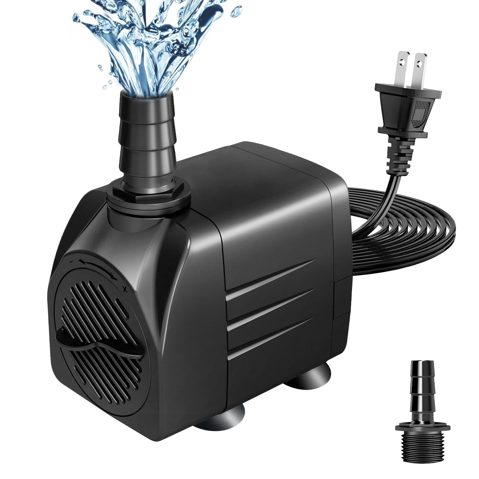View 1 of 160GPH (570L/H) Submersible Pump 10W, Ultra-Quiet Water Fountain Pump with Adjustable Flow, 3.3ft High Lift & 3.9ft Power Cord, Includes 3 Nozzles for Aquarium, Pond, Hydroponics, Statuary