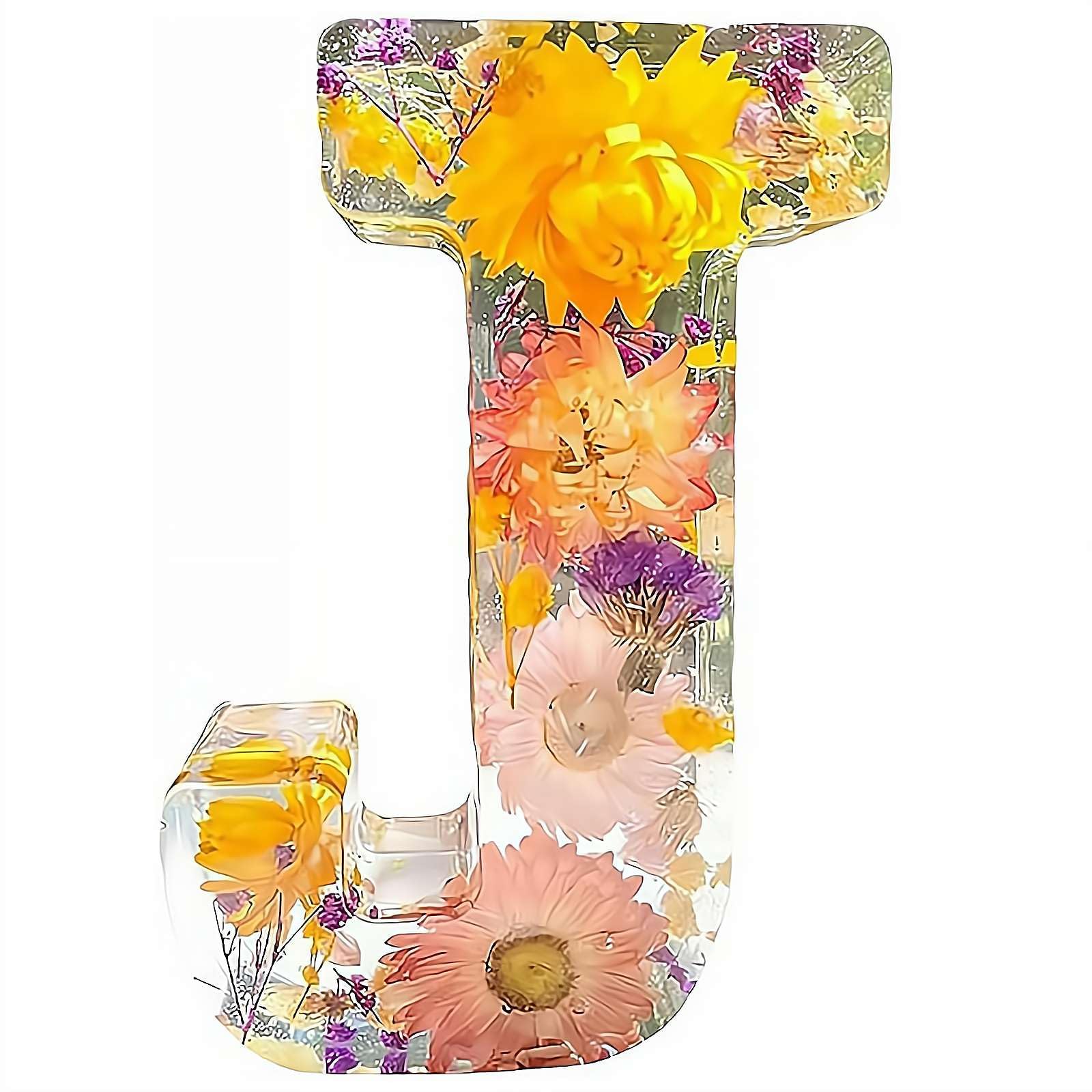 Resin Ornament Kit, Resin Letters with Flowers, Dried Floral Resi N Night Light Letter with LED Lights, Endless Custom Decor Possibilities (J)