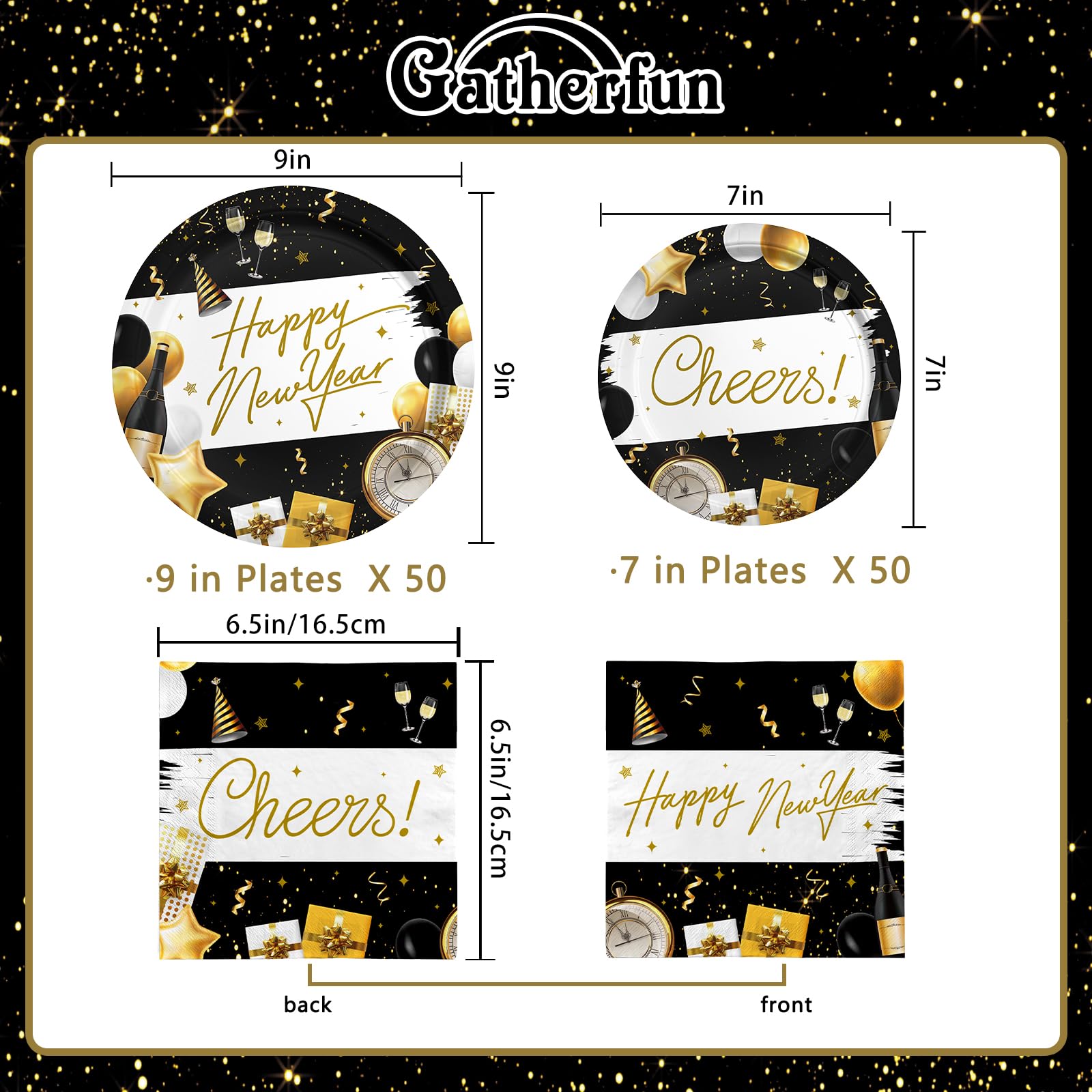 Kit de celebración de Año Nuevo 2024: suministros de fiesta para 50 invitados con platos y servilletas desechables decorativos, perfecto para celebrar el Año Nuevo