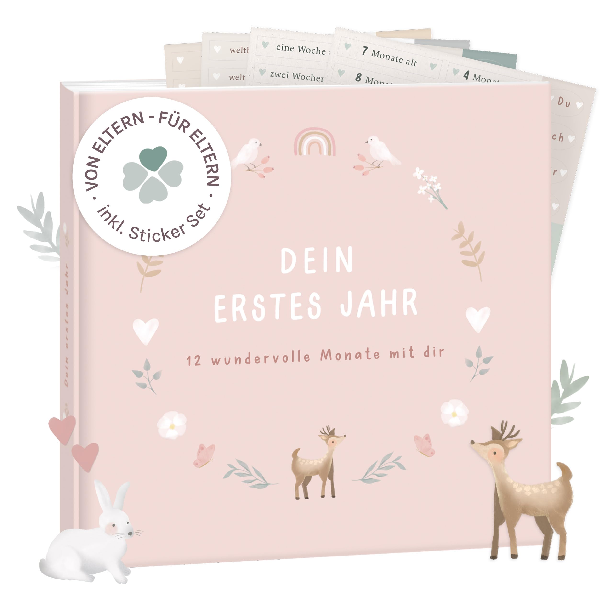 mintkind® Mein erstes Jahr Babyalbum Blumen rosa – zartes Babytagebuch mit 176 Seiten und Sticker-Set für liebevolle Erinnerungen im ersten Lebensjahr, Hardcover 21 x 21 cm