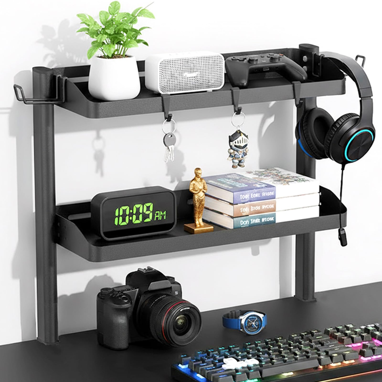 Clamp on Desk Shelf, 2-Tier Office Desk Shelves Organizer, 17in Small Shelf for Top of Desk with Headphone Holder and Hooks, Desktop Storage Rack for