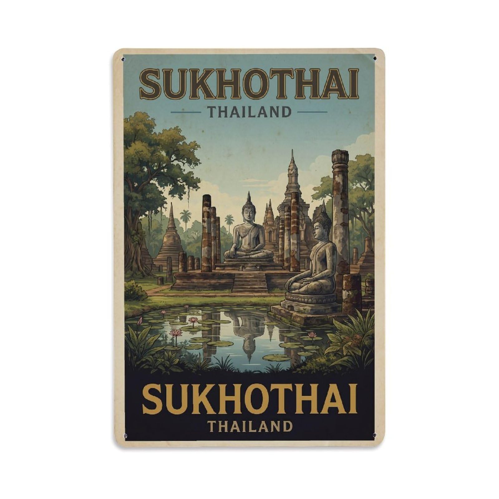 Thailand Sukhothai Travel Vintage Metal Tin Sign Plaque Wall Decor for Cafe, Club Bar, Office, Garden Metal Poster 8x12Inch