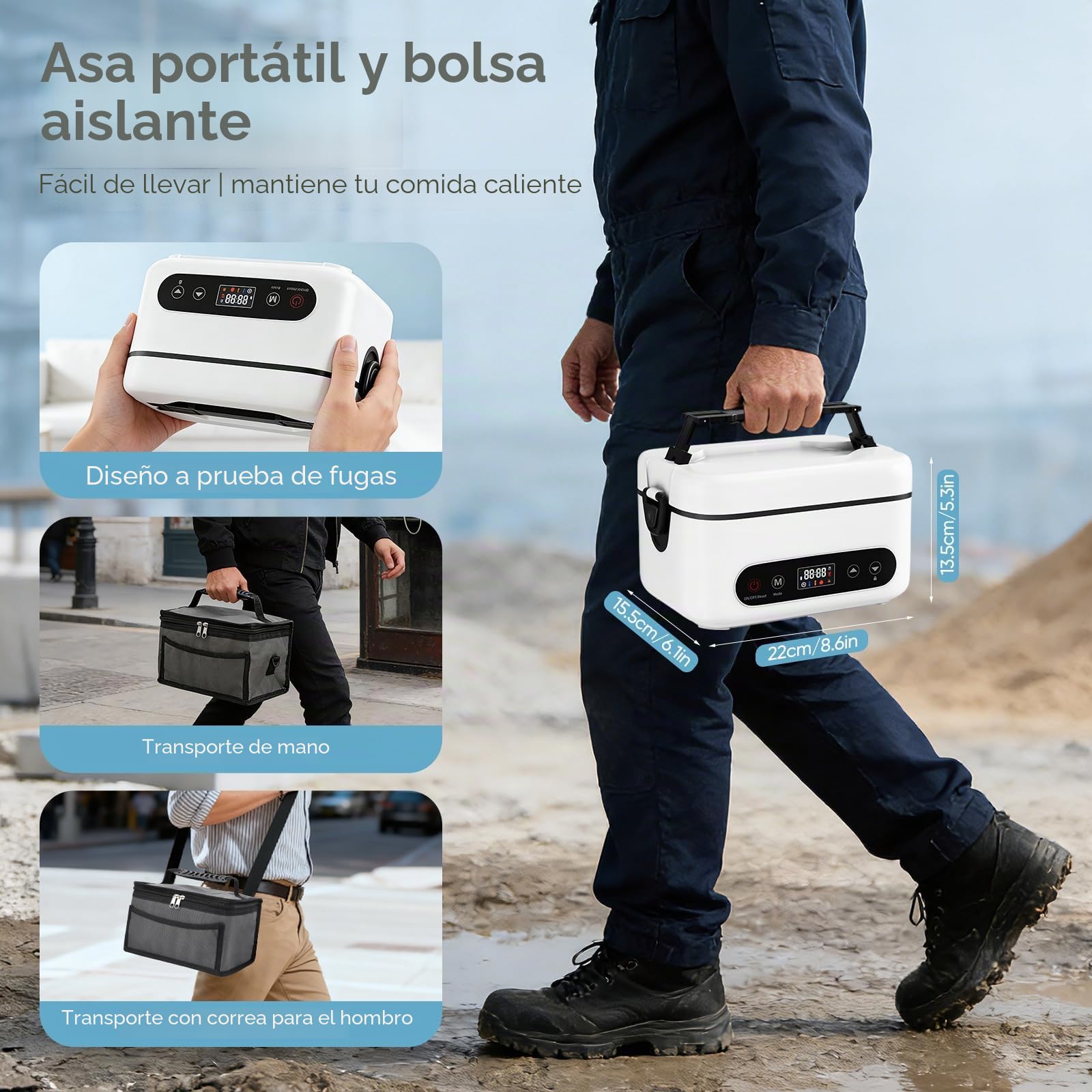 Fiambrera Electrica, 100W Fiambrera Calefactable Inalámbrica con Capacidad de 1,2L, Calentador de Alimentos de Acero Inoxidable, Fiambrera Autocalefactable con Bolsa Térmica para Viaje, Oficina