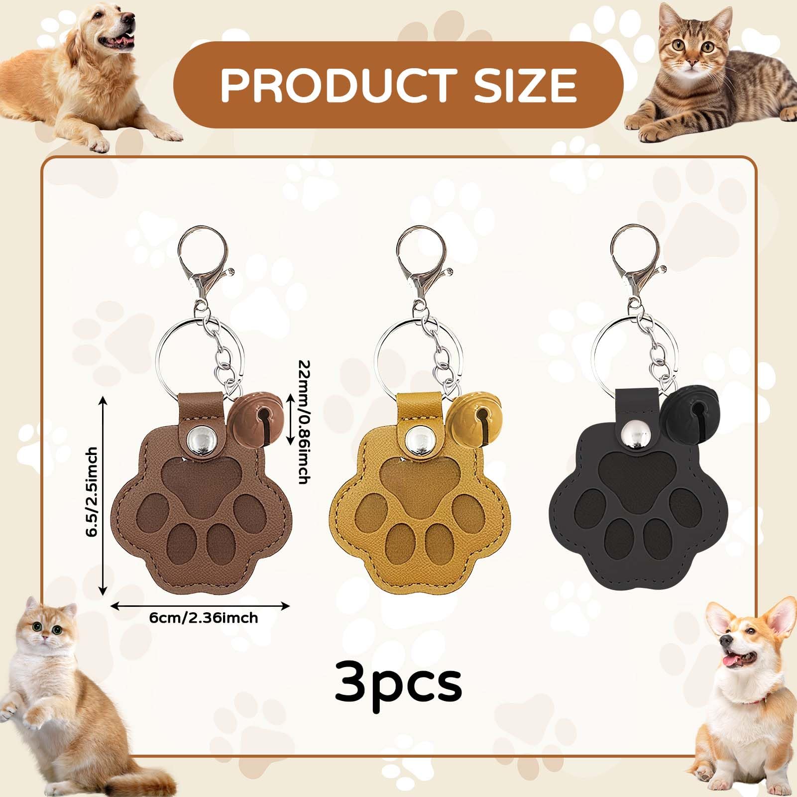Leather Pet Memorial Keychain 3PCS Pet Fur Keepsake Keyring with Bell Paw Shaped Dog Hair Collector Keychain Pets Hair Storage Pouch Fur Memorial Keyring for Pet Commemorative Pet Memorial Gifts - Image 2
