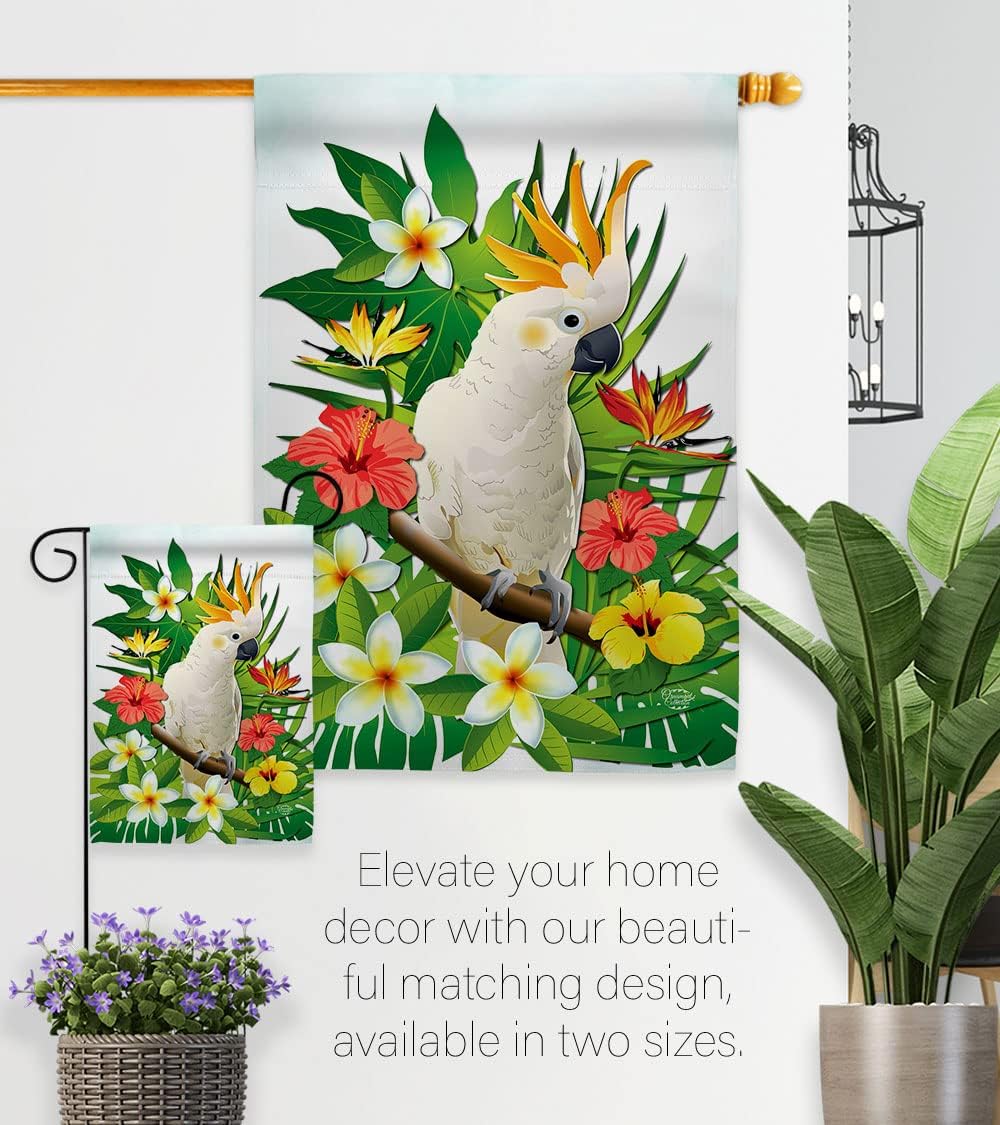 Tropical Cockatoo Garden Flag - Set Wall Hanger Coastal Ocean Beach Seashells Pineapple Outdoor Summer Aloha - House Decoration Banner Small Yard Gift Double-Sided Made In USA 13 X 18.5