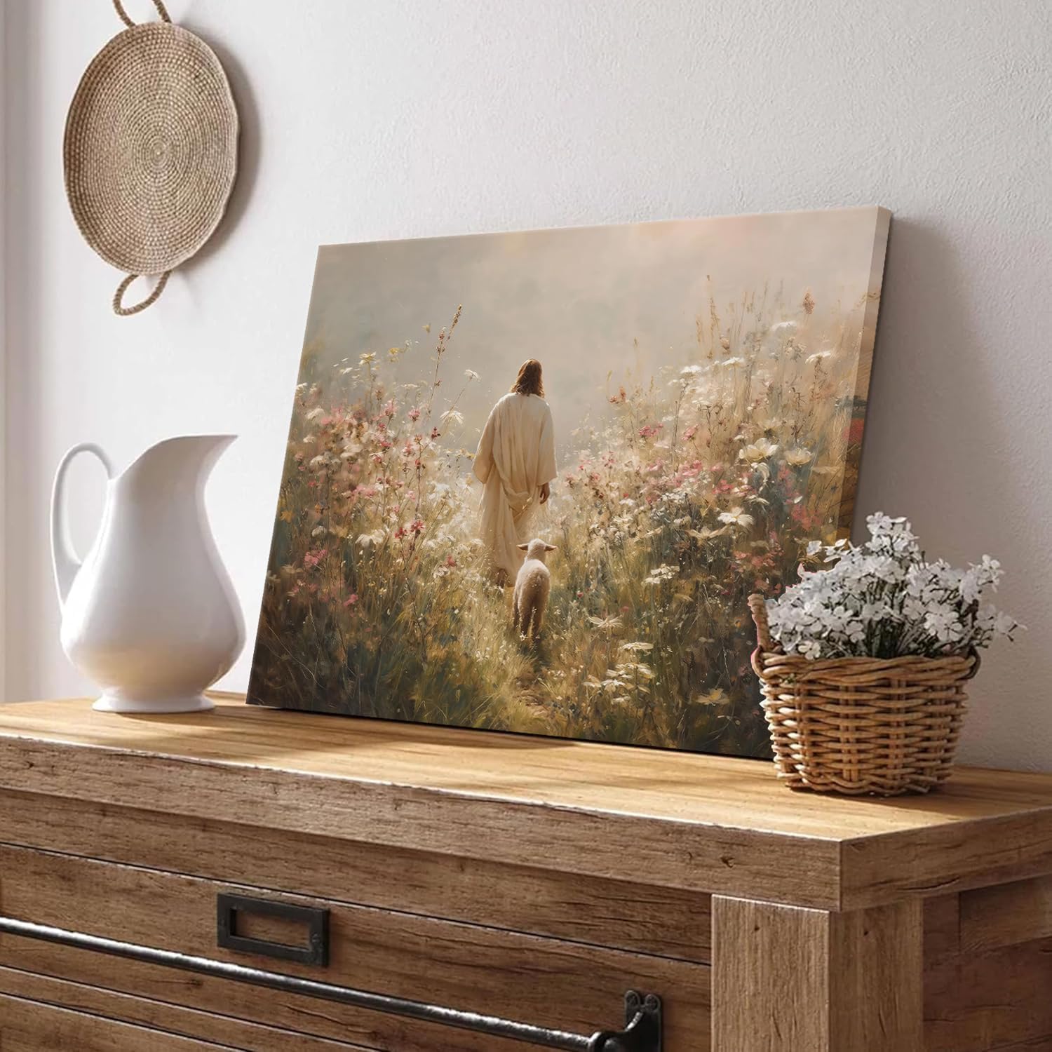 Jesus Leaves the 99 Sheep Wall Art The Lost Sheep Bible Stories Painting picture Wall Decor religion Christian Wildflowers Poster Print Artwork for Church LDS bedroom Living Home Decor 16x24 in Canvas