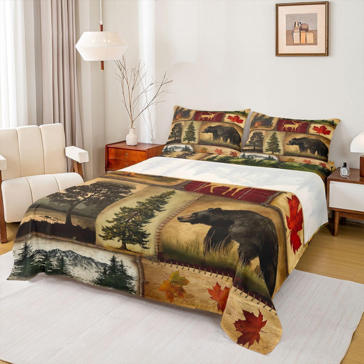 Rustic Farmhouse Bed Sheets Set Queen Size, Retro Cabin Lodge Sheets, Hunting Bear Deer Sheet Set, Country Maple Leaves Bedding Set, Rustic Woodland Pine Tree Flat Fitted Sheet, Red Brown, 4Pcs