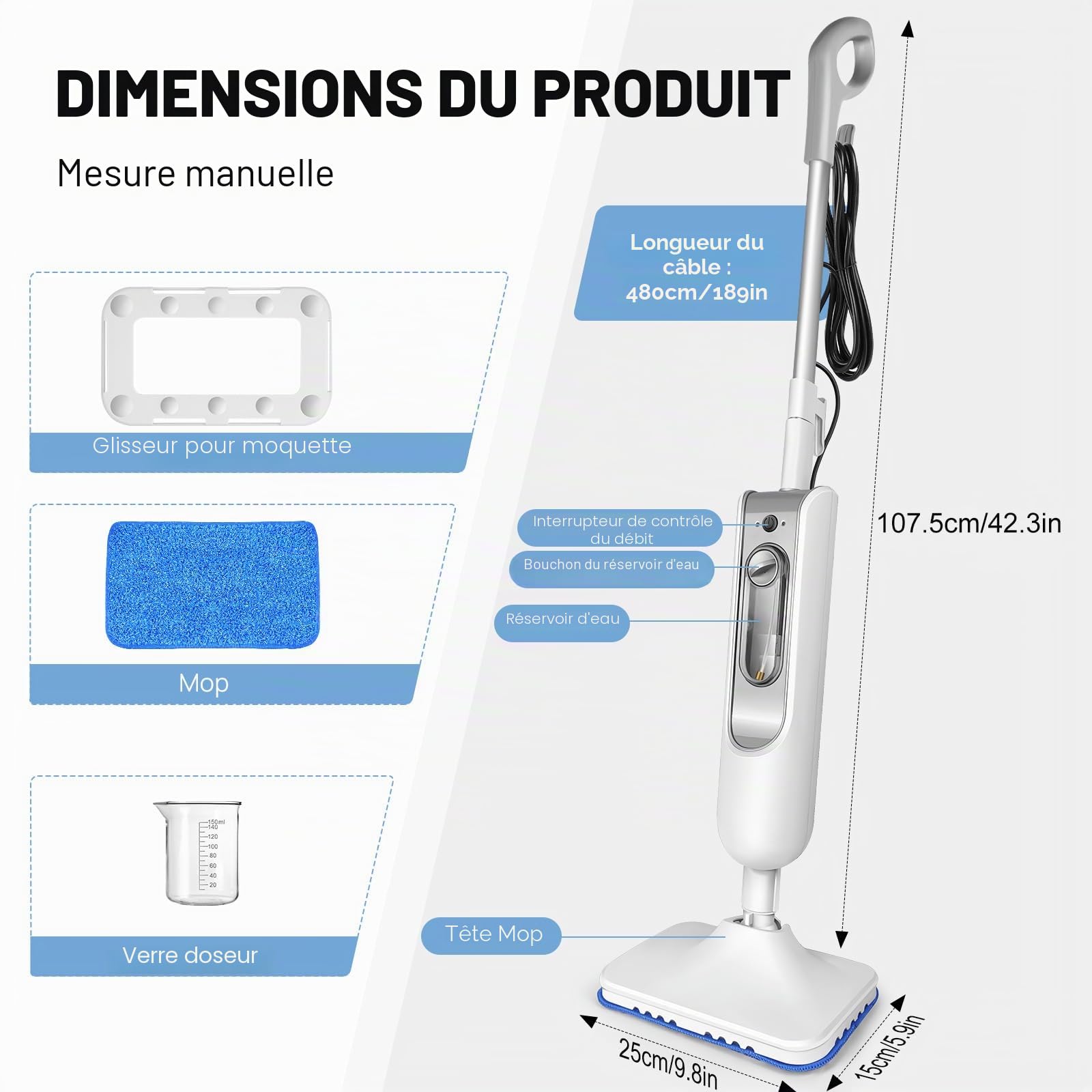 Nettoyeur Vapeur Électrique à Main pour Sol et Tapis 3500W 2 Vitesses Lucn