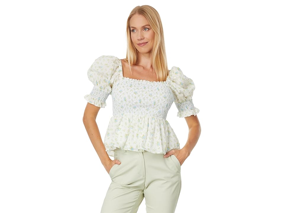 English Factory Smocked Floral Puff Sleeve Top (Blue Multi) Women's Clothing INTERNATIONAL SHIPPING