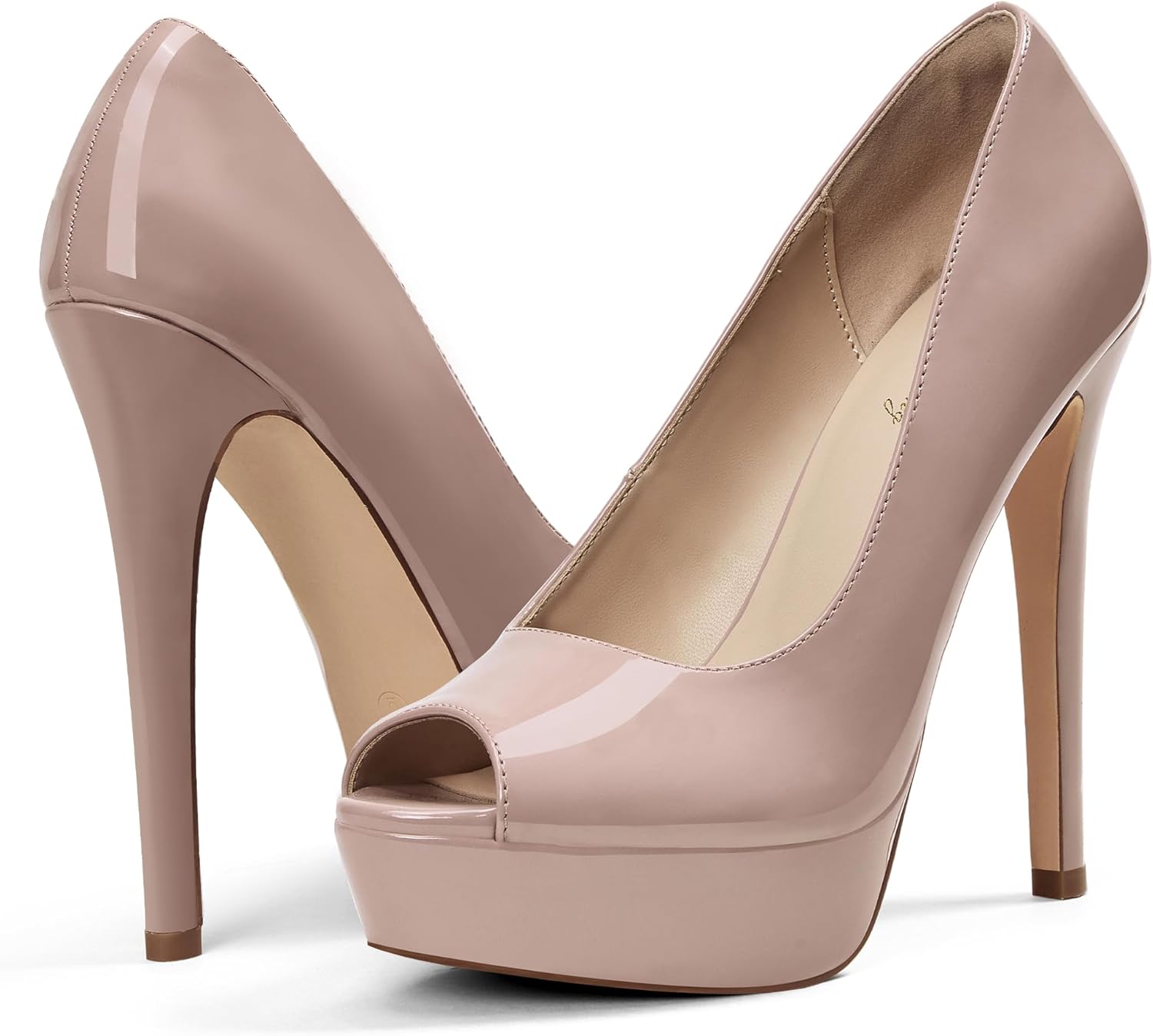 Elisabet Tang Women's 5.5 inch Stilettos Peep Toe Platform High Heels Pumps Round Toe Shoes Slip On for Dress Wedding Party Prom Nude Patent 8.5 - Image 3