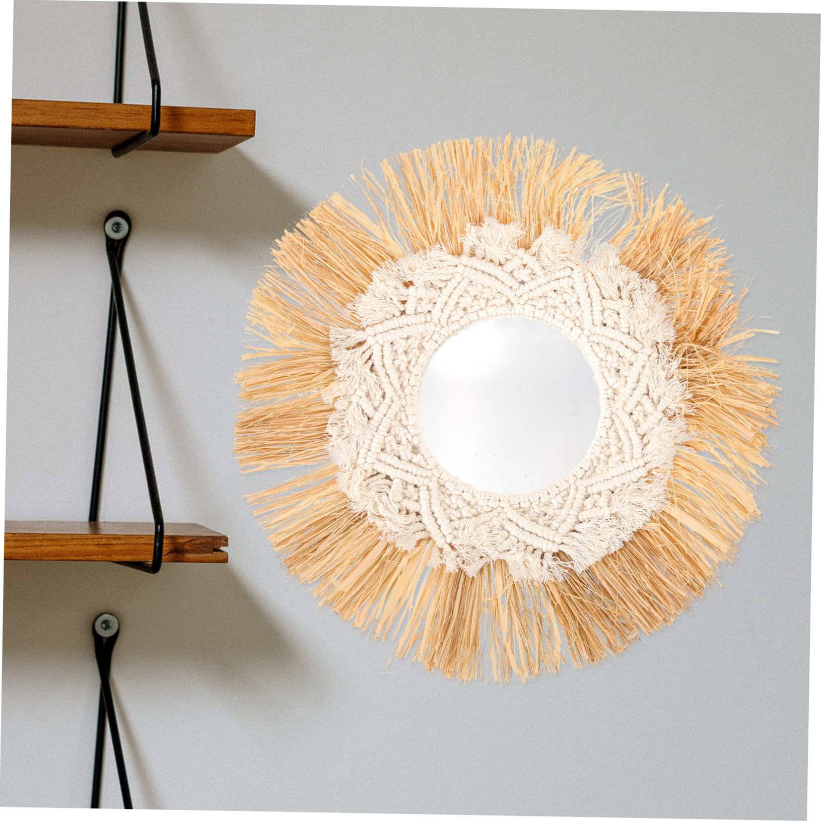 OUNONA Runder Hängespiegel im Boho Stil mit Raffia und Baumwollseil