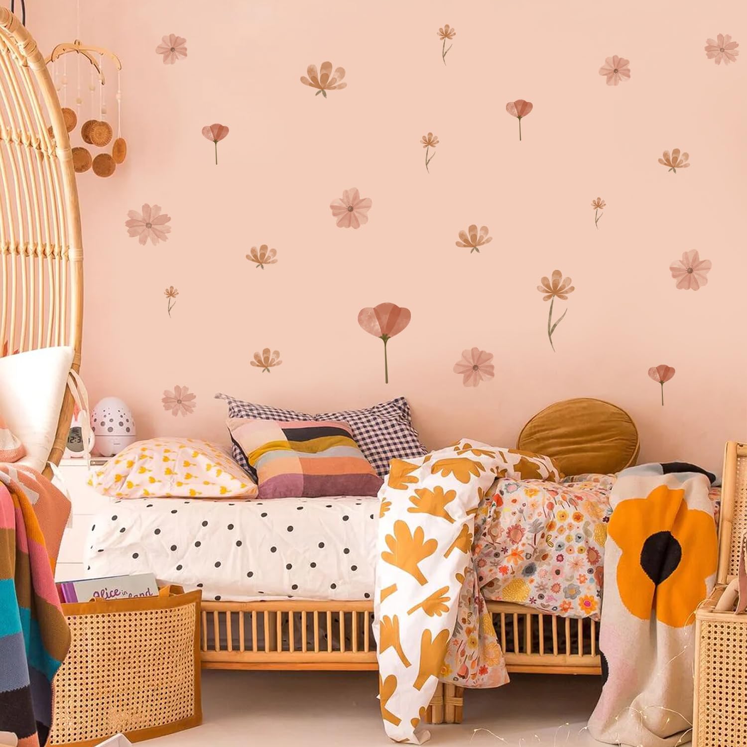 QUCHENG Daisy Wall Decals Boho Large Wallpaper — Girls Bedroom Floral Stickers Removable Decor — Nursery Kids Room Vinyl Murals DIY Cute Decorations