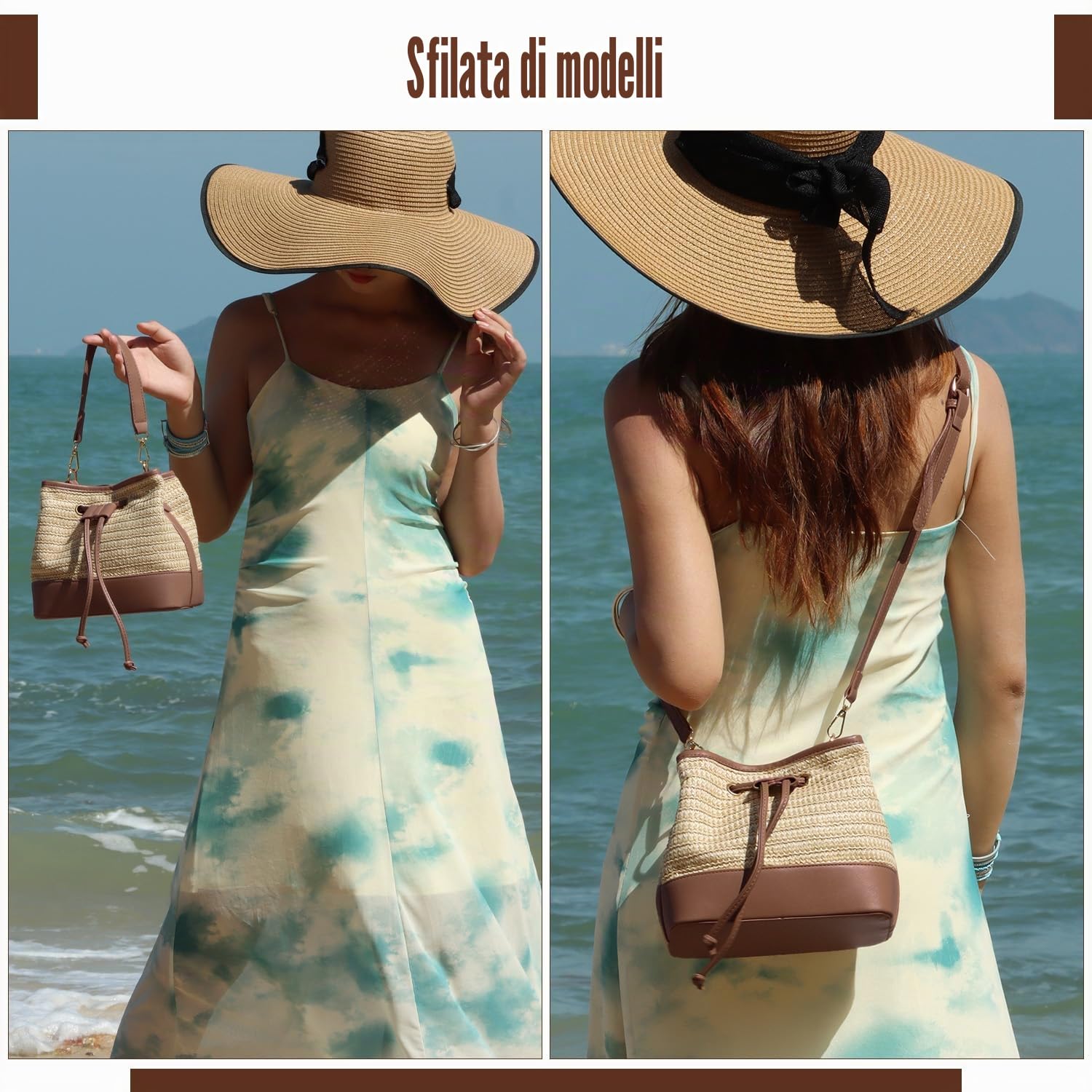 Donne Coulisse Borsa Secchiello di Paglia Borsa a Tracolla Estiva Intrecciata a Mano per le Vacanze in Spiaggia