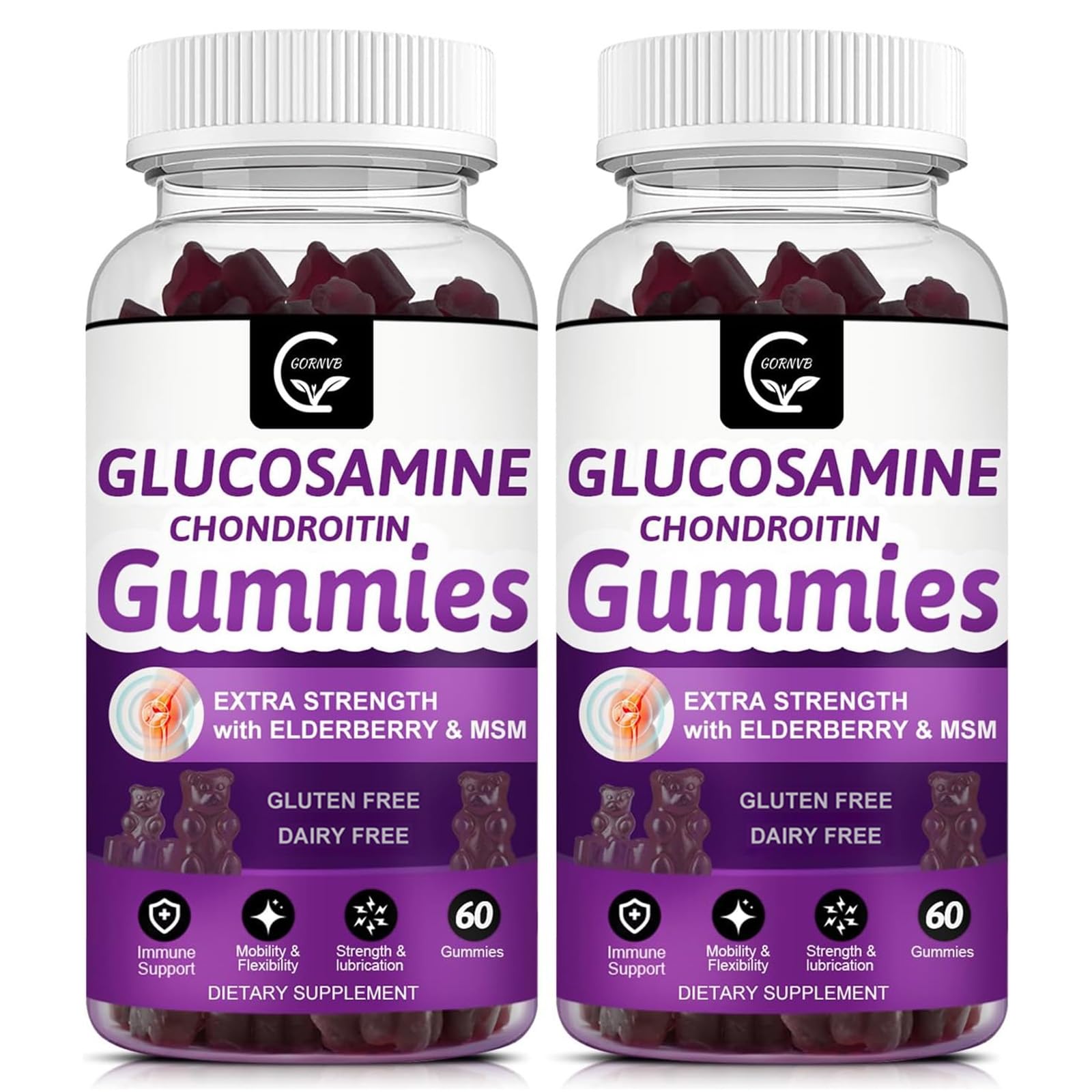 GORNVB Glucosamine Chondroitin Gummies with MSM & Elderberry Extra Strength - Flexibility Support, Antioxidant Immune Support Supplement for Adults, Men & Women - 60 Chondroitin Gummies (2 Pack) 60 Count (Pack of 2)